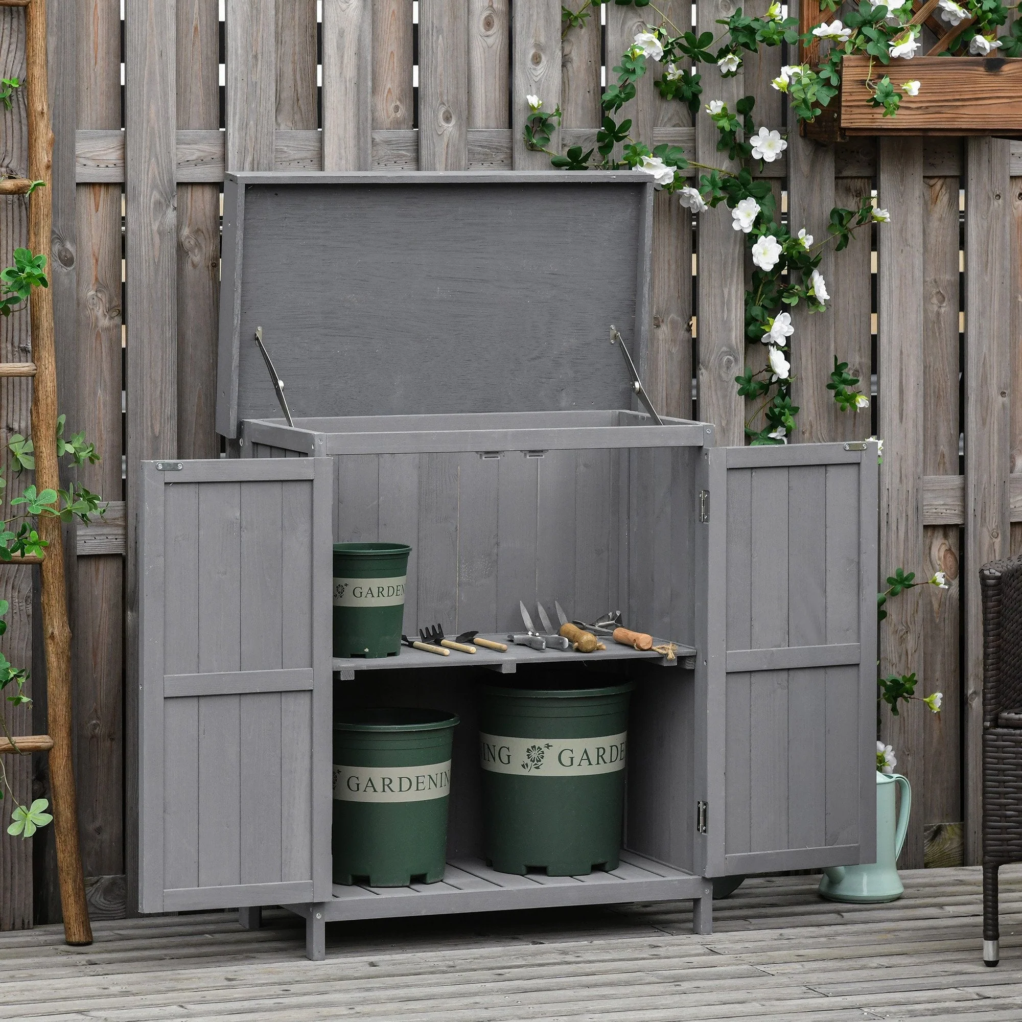 Panel 88cm Double Door Pent Garden Store Hinged Roof Fir Wood Grey by Steadfast - Image 2