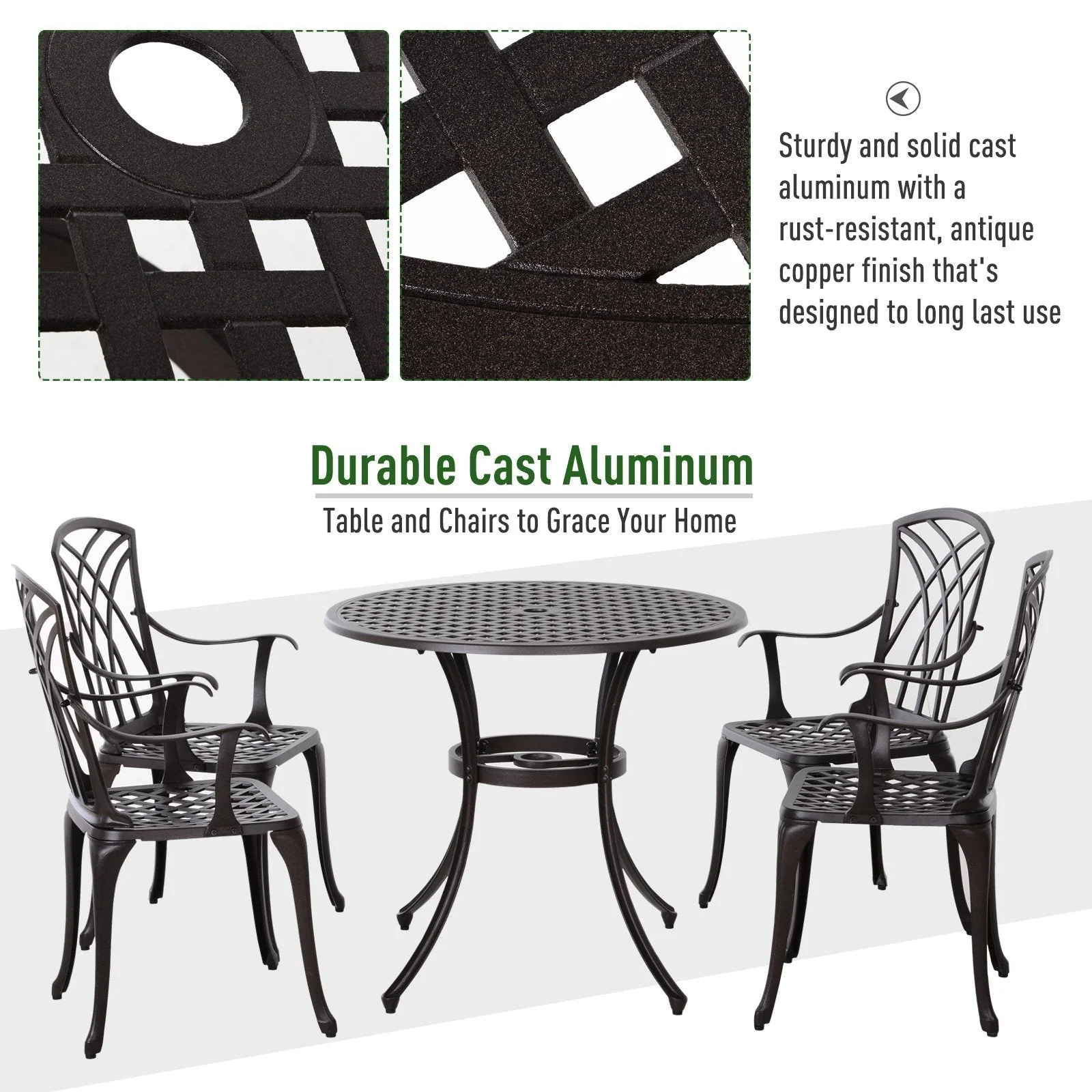 Patio Cast Aluminium 5-Piece Dining Table & 4 Chairs Set Outdoor Garden Furniture - Image 5