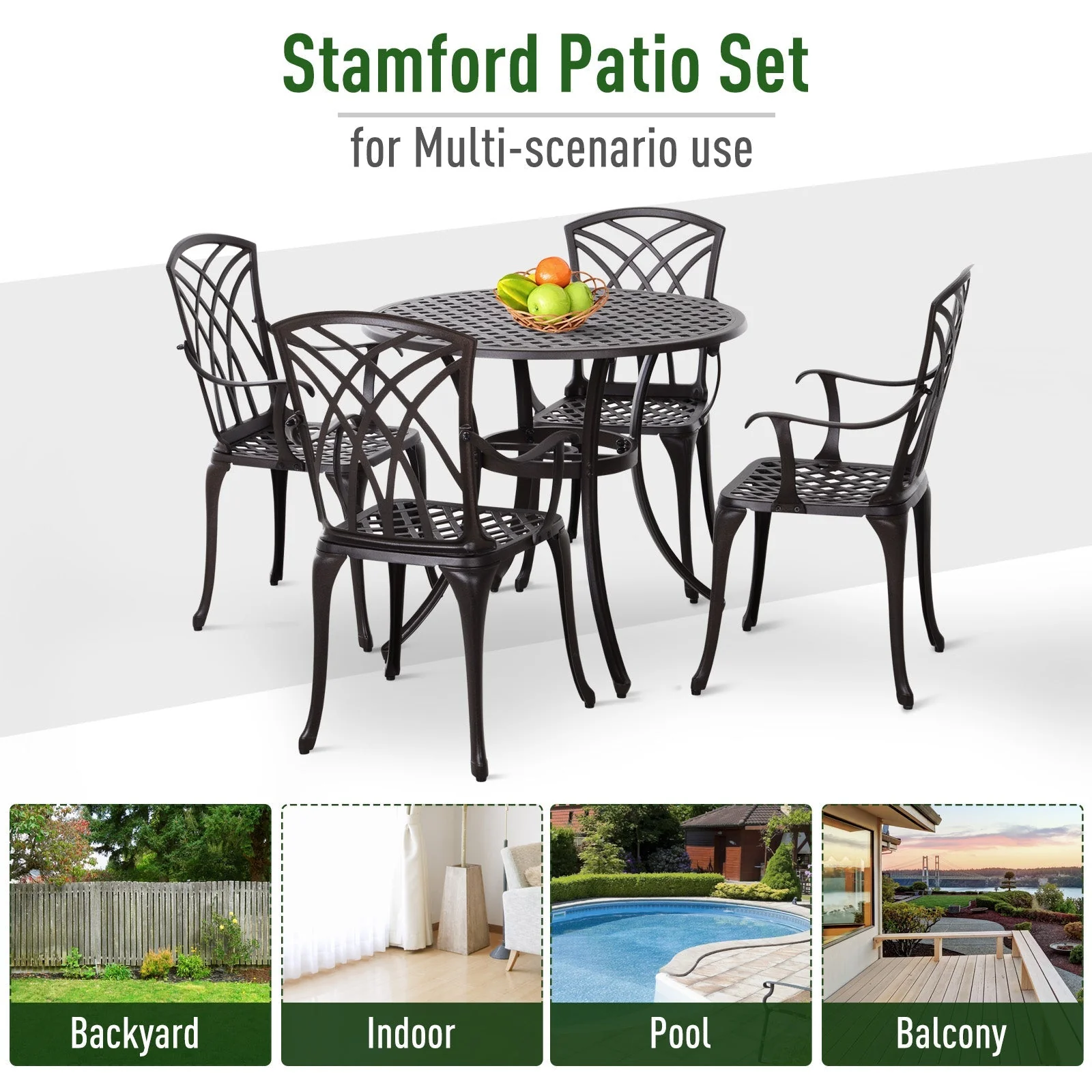Patio Cast Aluminium 5-Piece Dining Table & 4 Chairs Set Outdoor Garden Furniture - Image 7