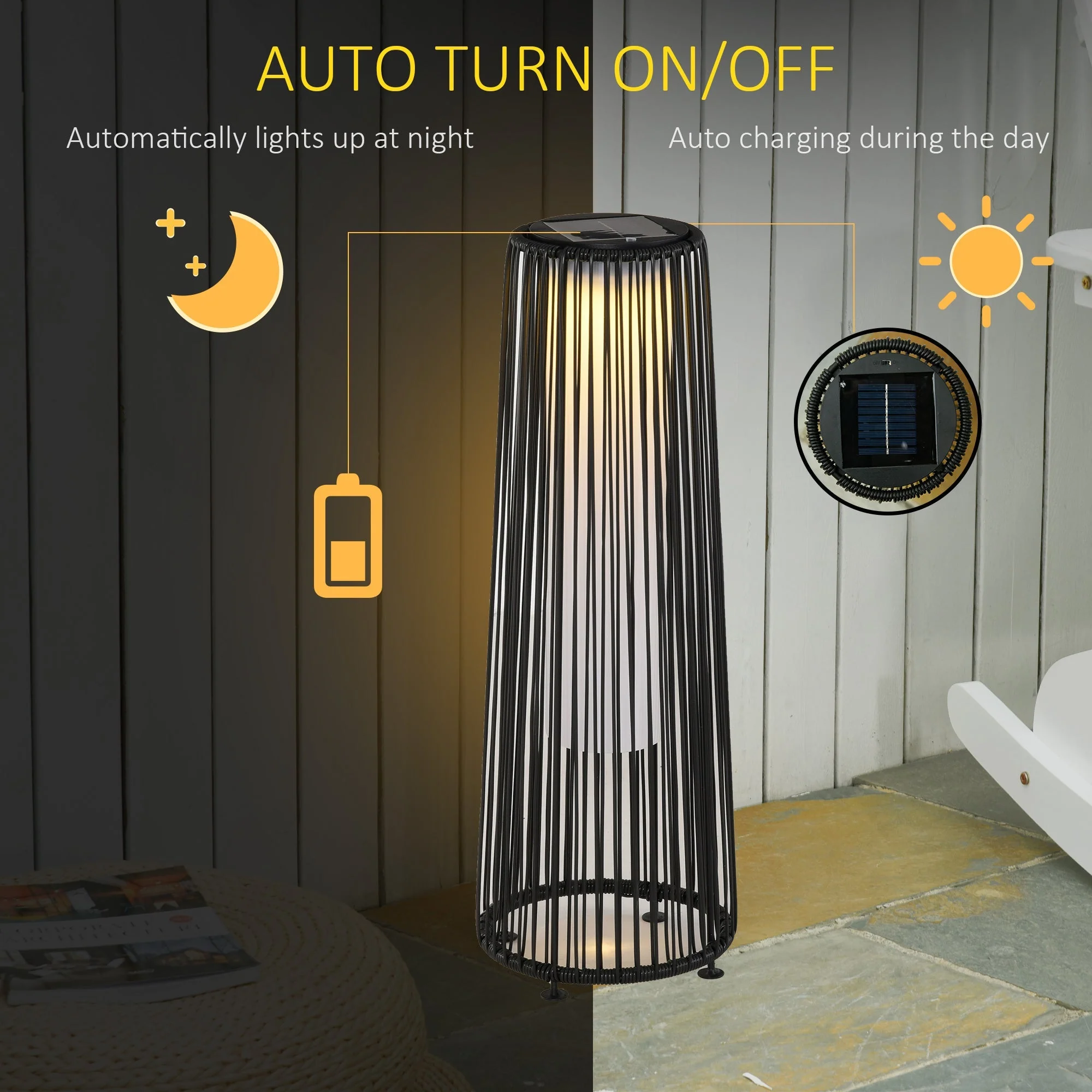 Patio Garden Solar Powered Lights Woven Resin Wicker Lantern Auto On/Off - Image 4