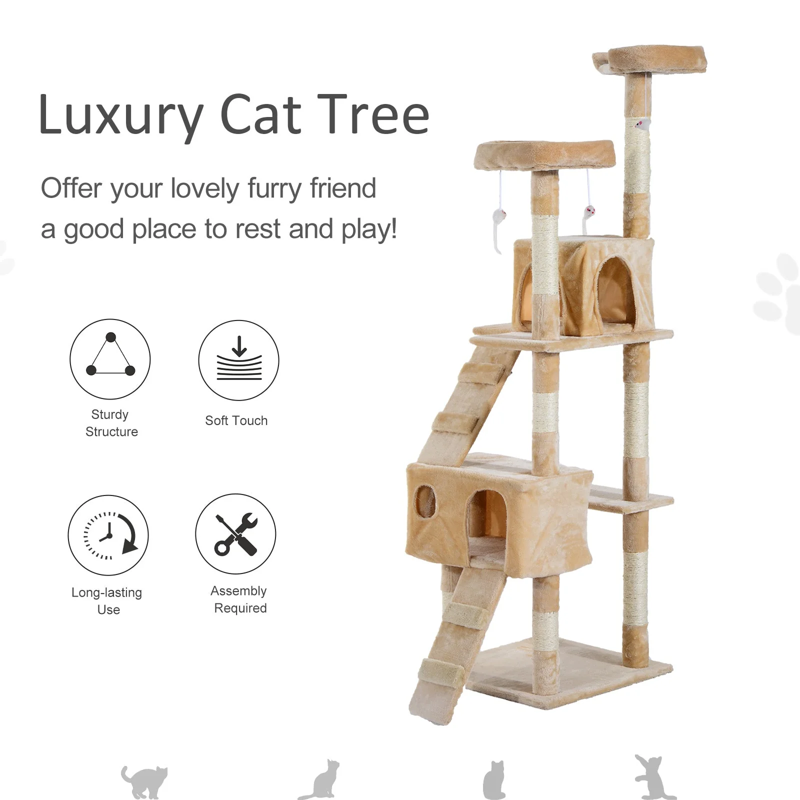 PawHut 170cm Cat Tree Kitten Kitty Scratcher Post Climbing Tower Activity Center House-Cream - Image 6
