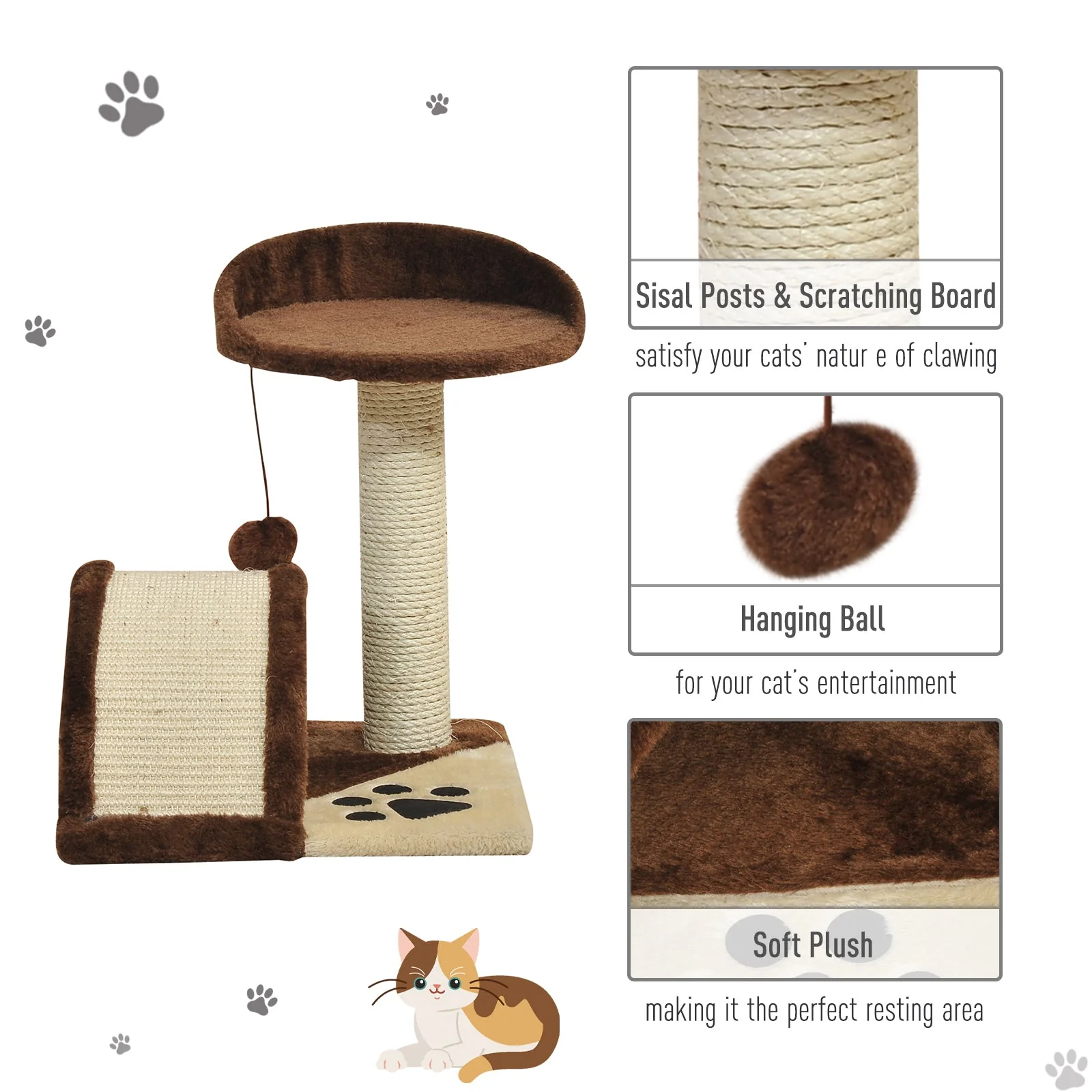 PawHut 2-Tier Cat Tree Scratching Post with Dangle Toy Brown - Image 6