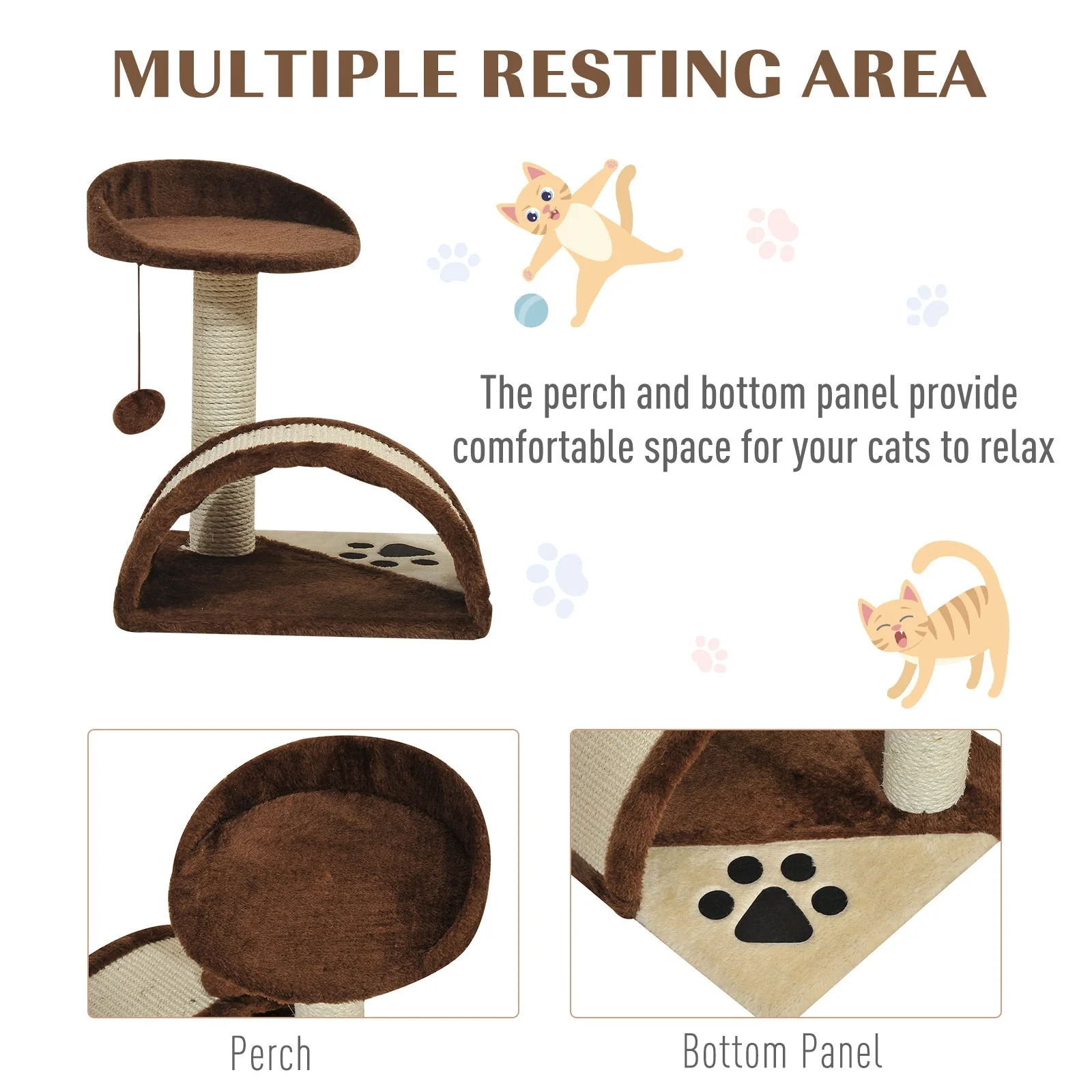 PawHut 2-Tier Cat Tree Scratching Post with Dangle Toy Brown - Image 7