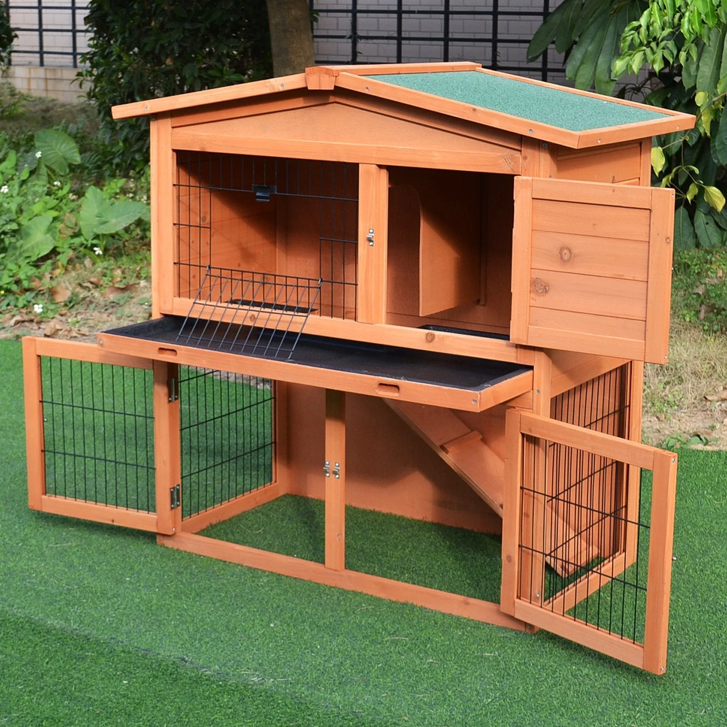 PawHut  2 Tier Outdoor Rabbit Small Animal Enclosure with Ramp Tray to Raised Home & Below Run Area - Image 3