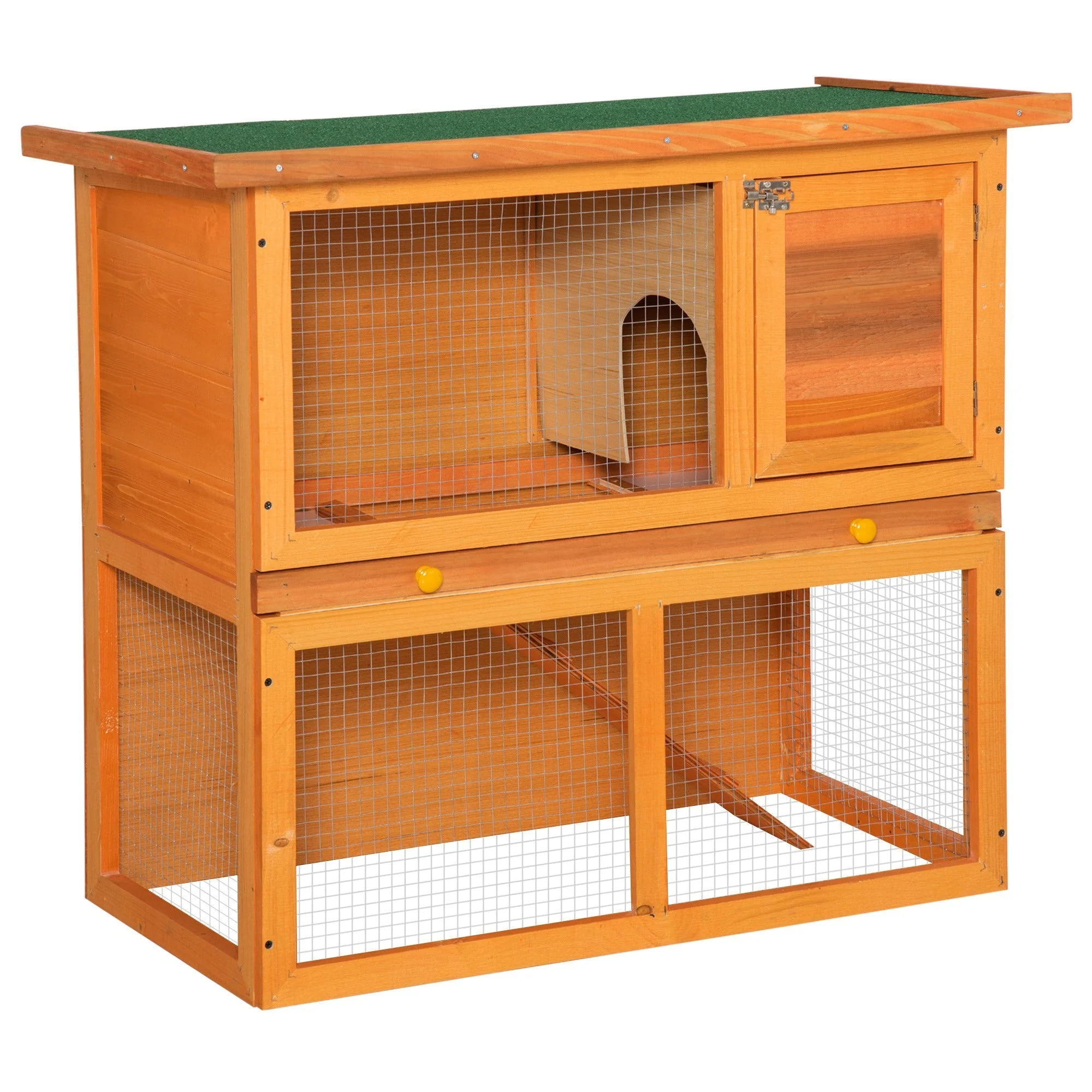 PawHut 2-Tier Rabbit Hutch Wooden Guinea Pig Hutch Double Decker Pet Cage Run with Sliding Tray Opening Top - Image 3