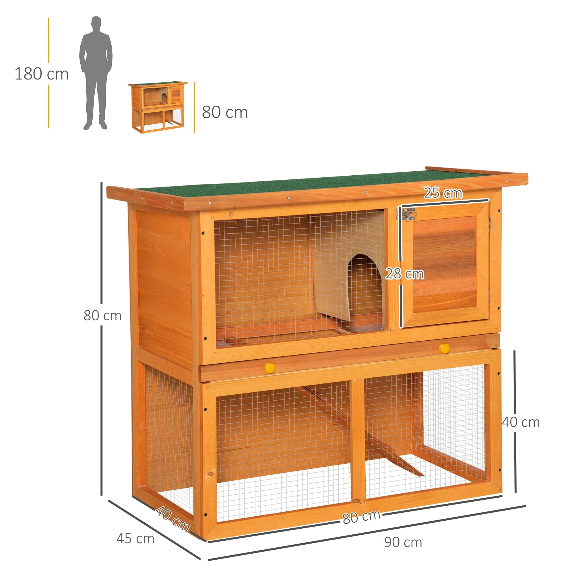 PawHut 2-Tier Rabbit Hutch Wooden Guinea Pig Hutch Double Decker Pet Cage Run with Sliding Tray Opening Top - Image 4