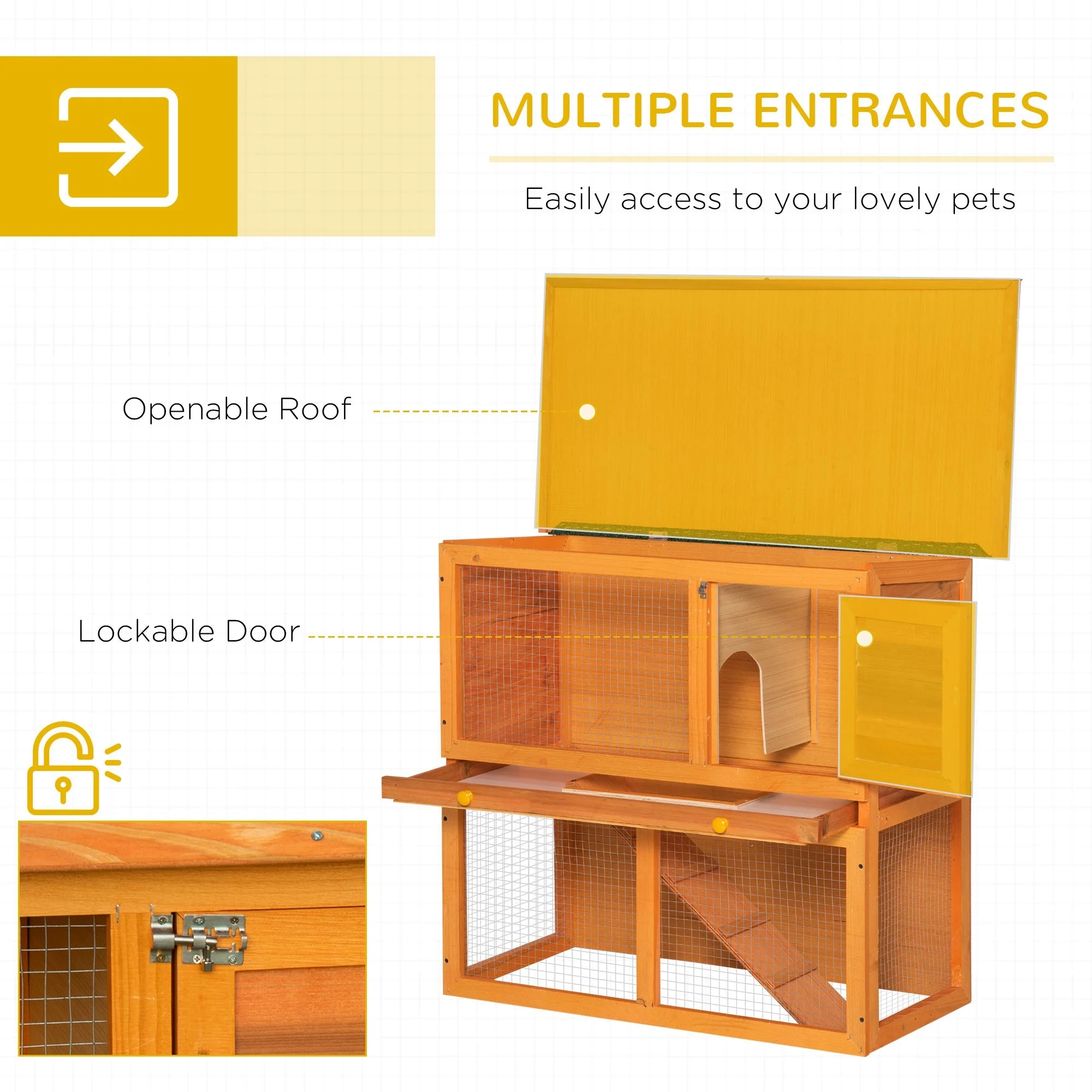 PawHut 2-Tier Rabbit Hutch Wooden Guinea Pig Hutch Double Decker Pet Cage Run with Sliding Tray Opening Top - Image 5