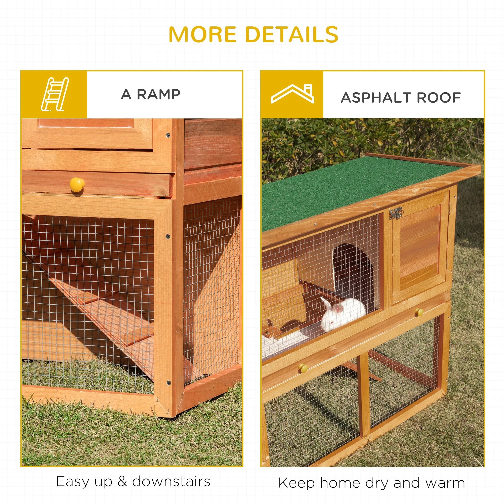 PawHut 2-Tier Rabbit Hutch Wooden Guinea Pig Hutch Double Decker Pet Cage Run with Sliding Tray Opening Top - Image 7