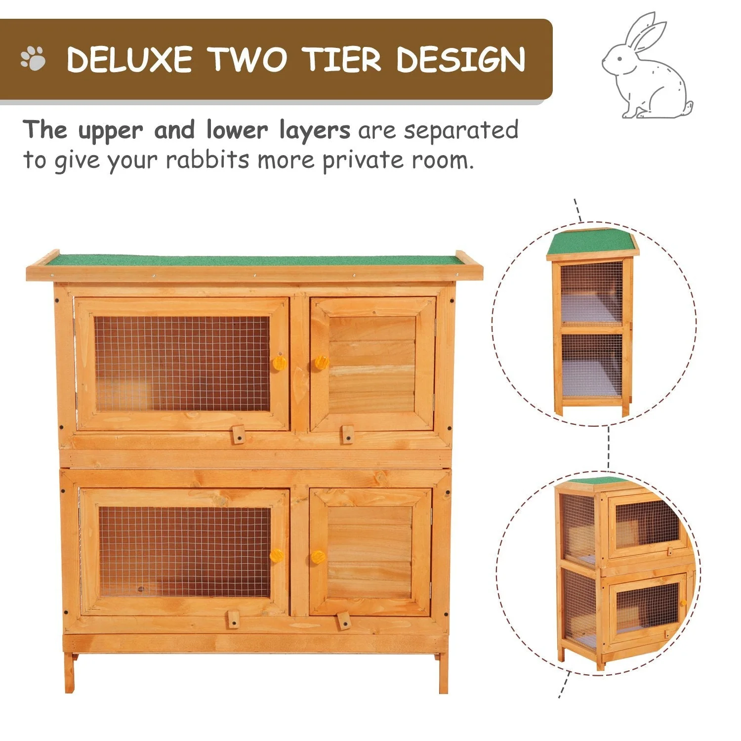 PawHut 2-Tier Wooden Rabbit Hutch Guinea Pig Hutch Duck House Double Decker Pet Cage with Sliding Tray Opening Top - Image 2