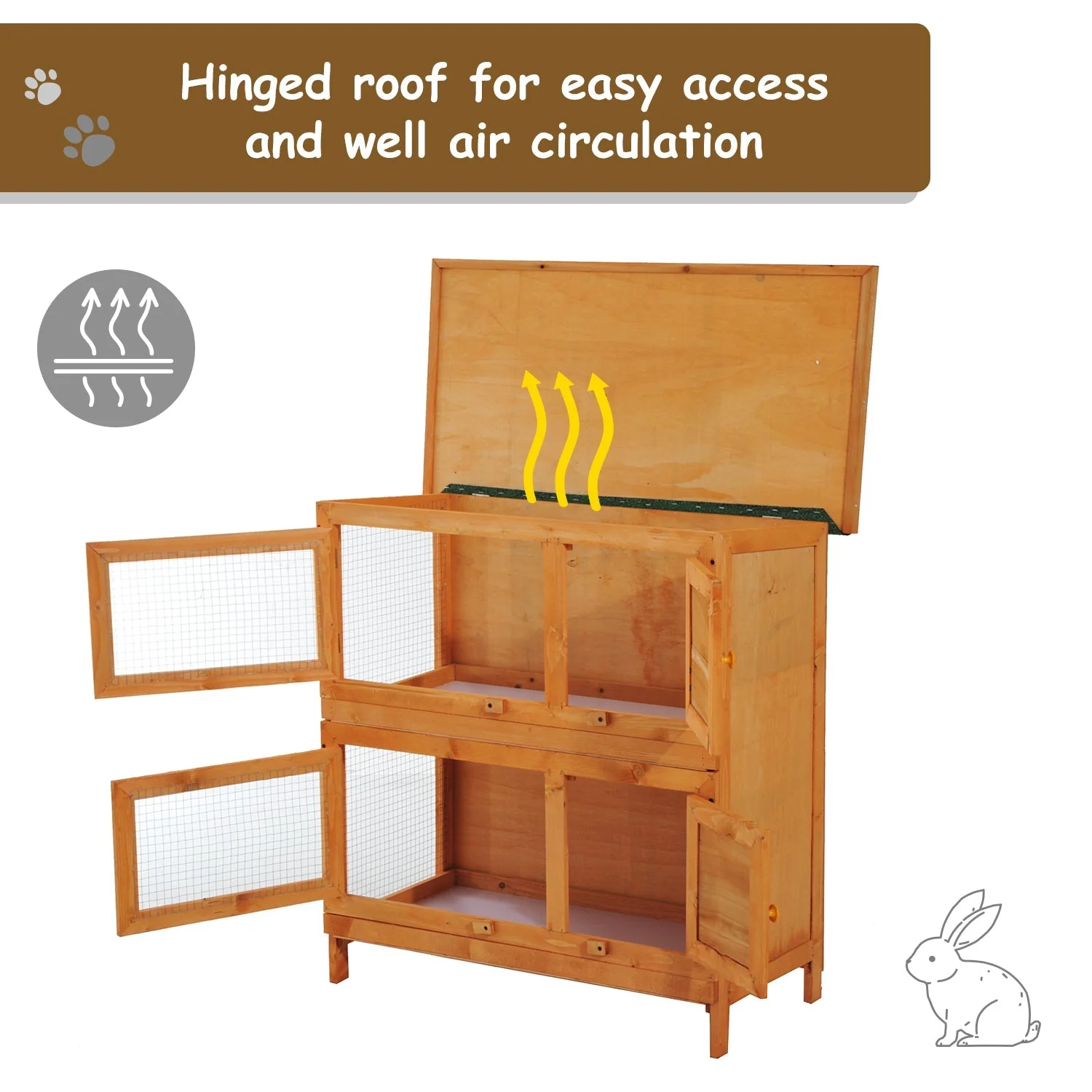 PawHut 2-Tier Wooden Rabbit Hutch Guinea Pig Hutch Duck House Double Decker Pet Cage with Sliding Tray Opening Top - Image 5