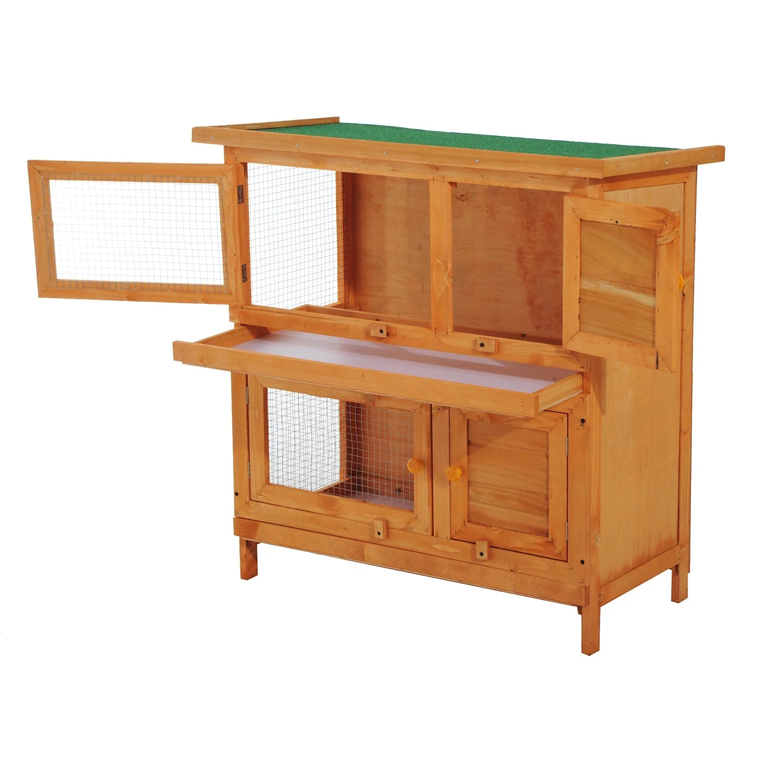 PawHut 2-Tier Wooden Rabbit Hutch Guinea Pig Hutch Duck House Double Decker Pet Cage with Sliding Tray Opening Top - Image 9