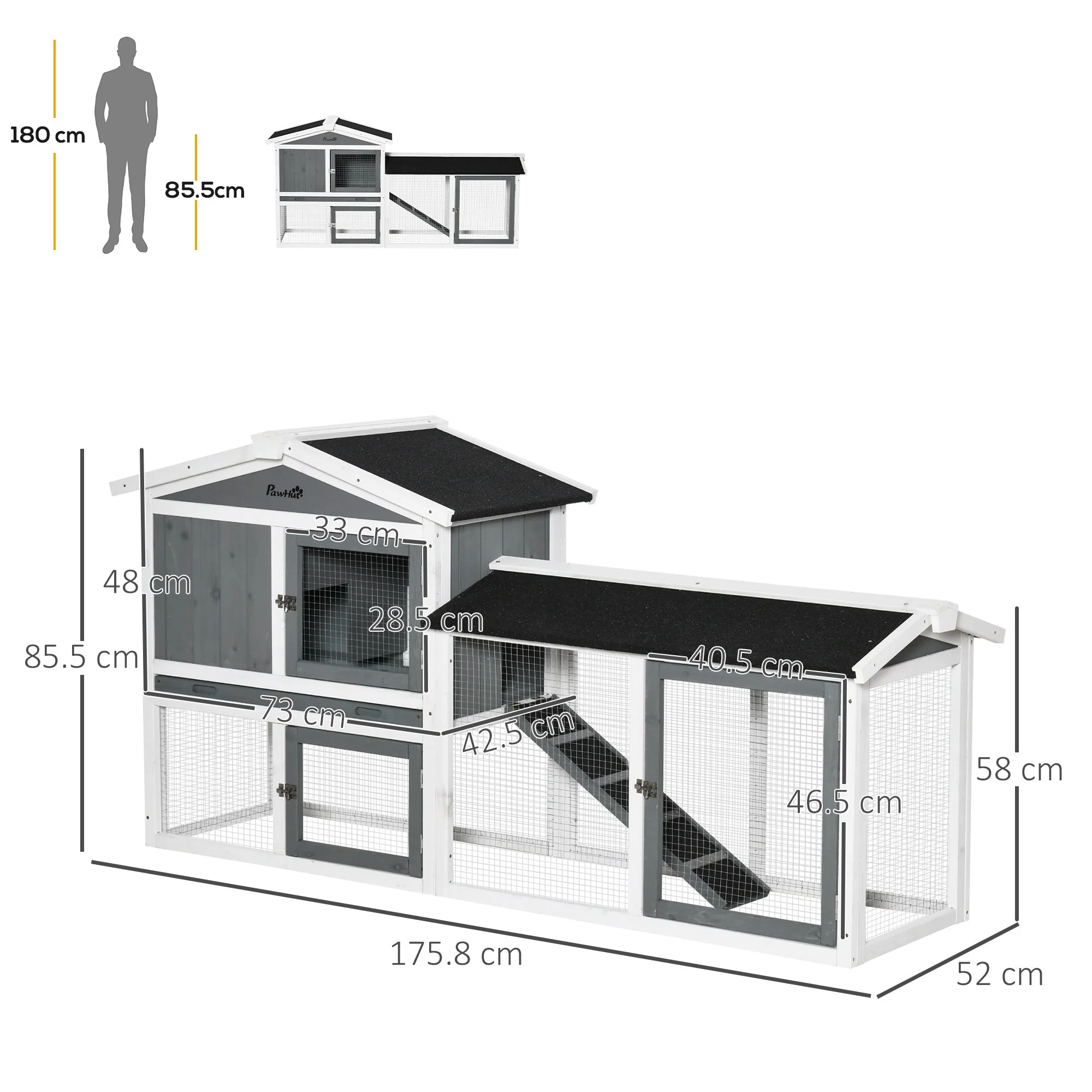 PawHut 2 Tier Wooden Rabbit Hutch Small Animal House with Run Box Slide-out Tray Ramp - Image 4