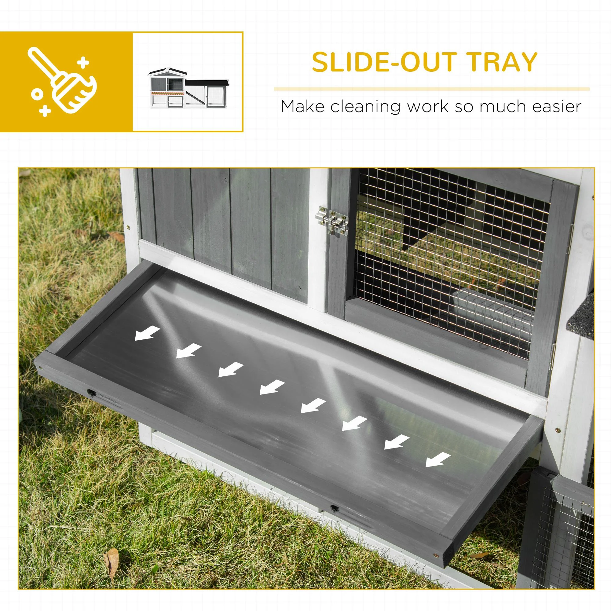 PawHut 2 Tier Wooden Rabbit Hutch Small Animal House with Run Box Slide-out Tray Ramp - Image 6