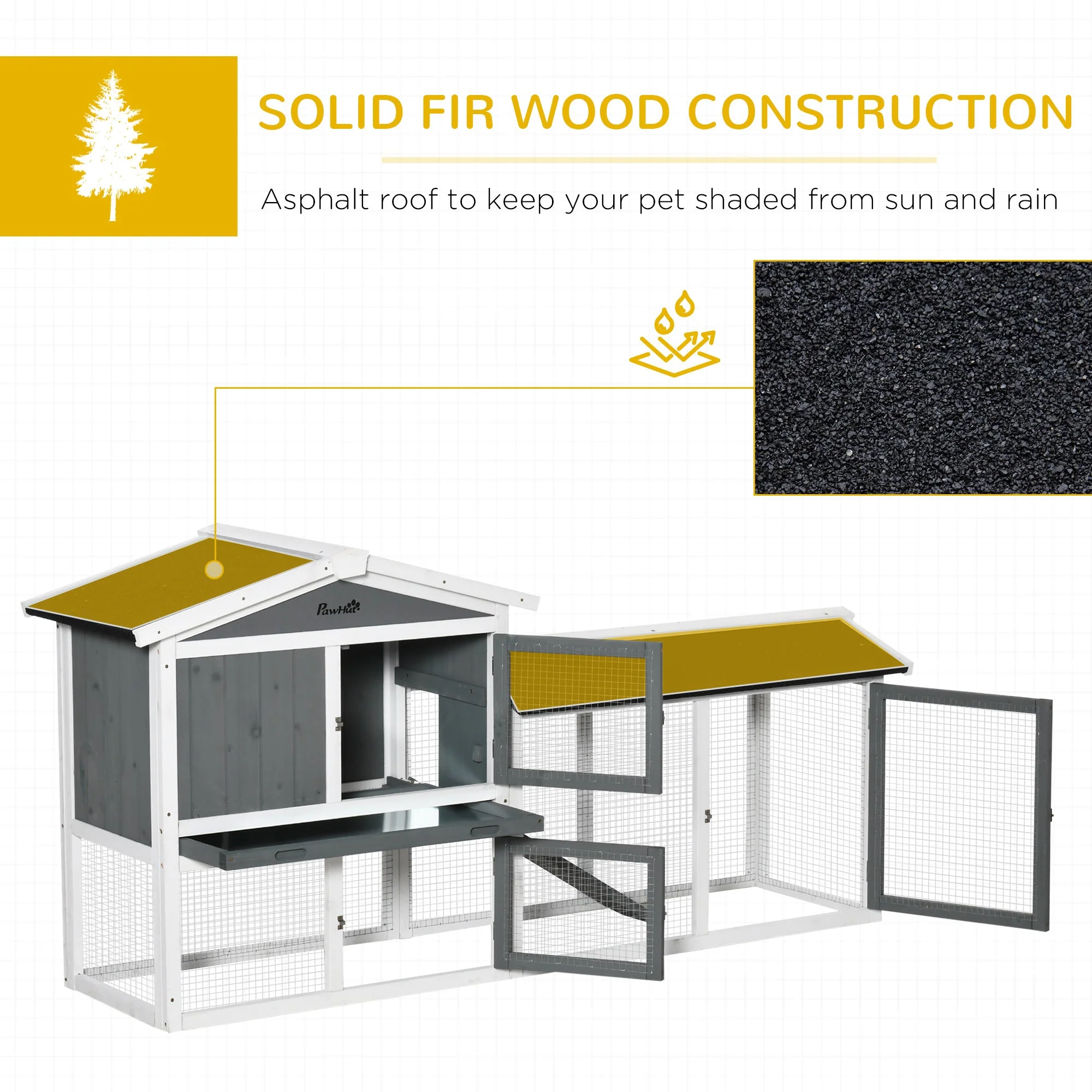 PawHut 2 Tier Wooden Rabbit Hutch Small Animal House with Run Box Slide-out Tray Ramp - Image 8