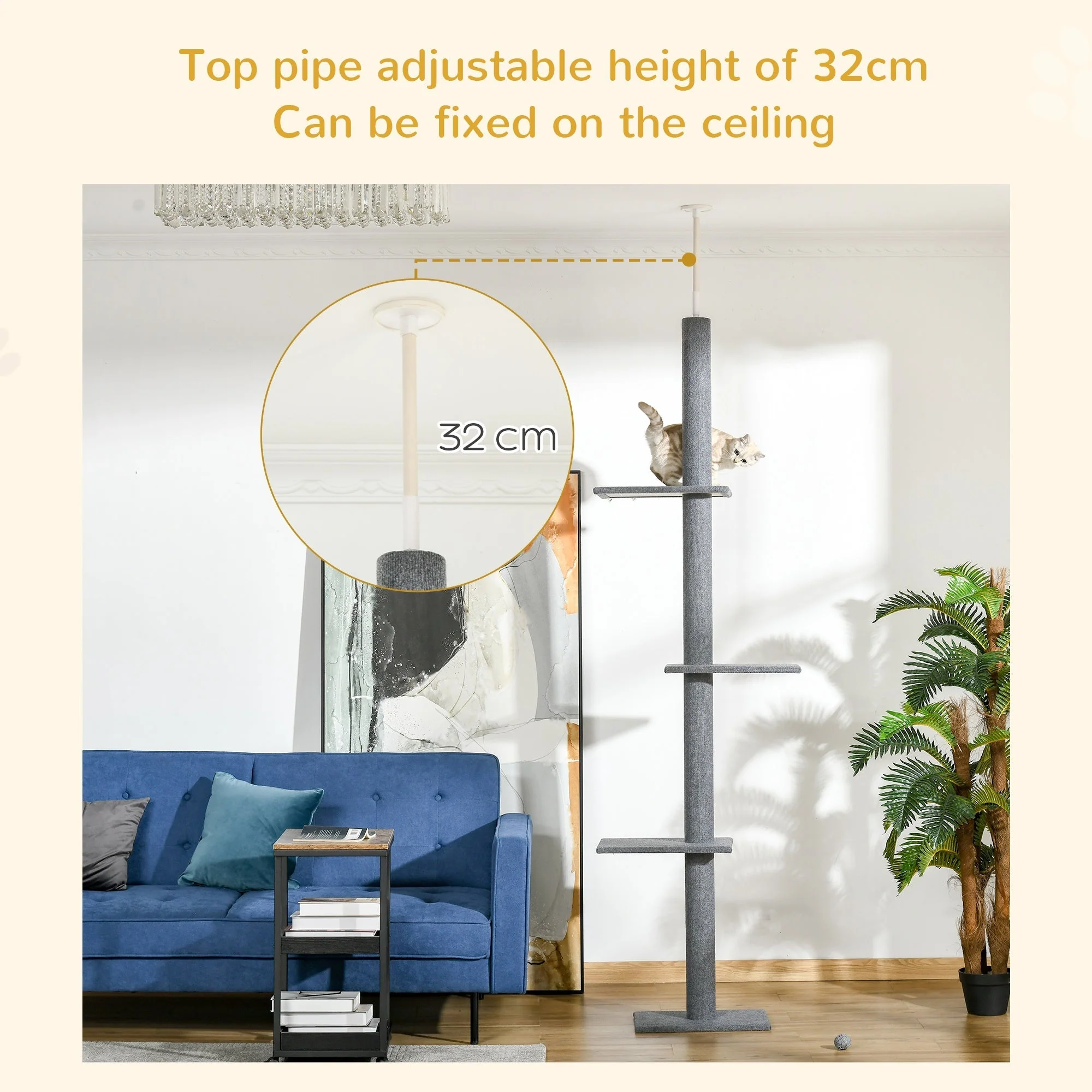 PawHut 260cm Floor To Ceiling Cat Tree Activity Center w/3 Perches Kitten Grey - Image 5