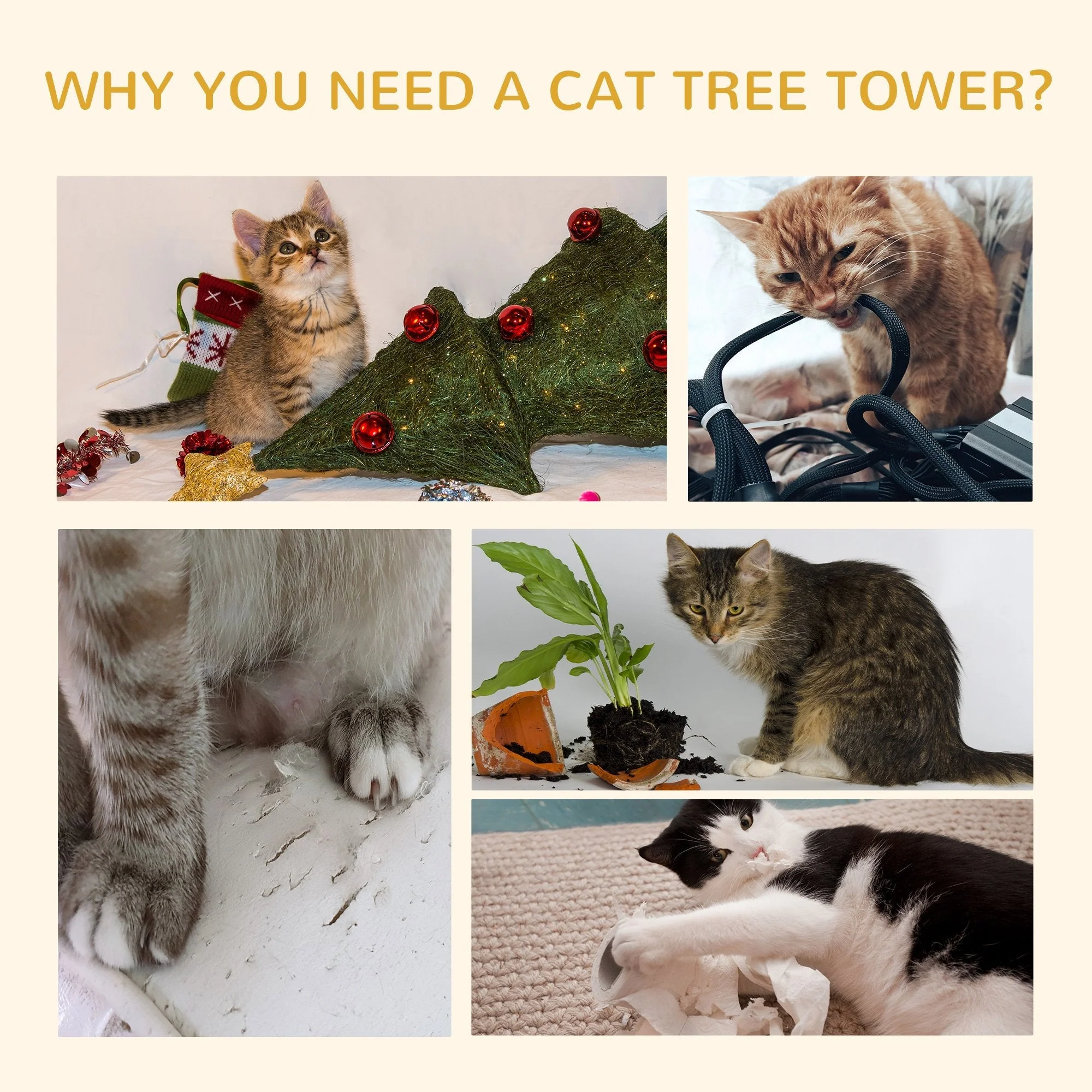 PawHut 260cm Floor To Ceiling Cat Tree w/ 3 Perches Flannel Upholstery Kitten Brown - Image 9