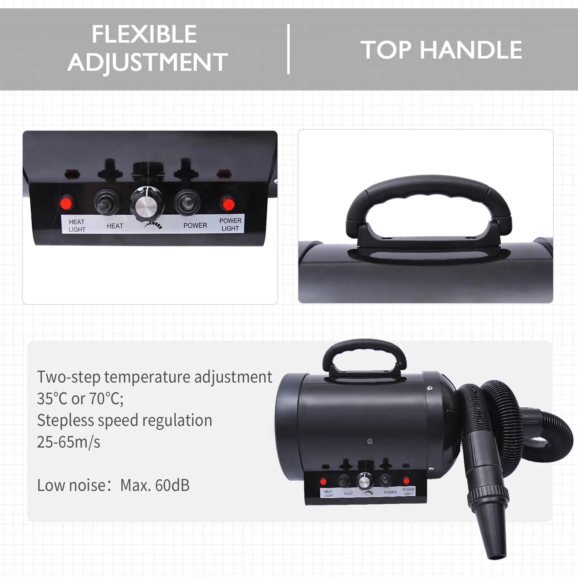 PawHut 2800W Dog Pet Grooming Hairdryer Heater w/ Three Nozzles - Black - Image 6