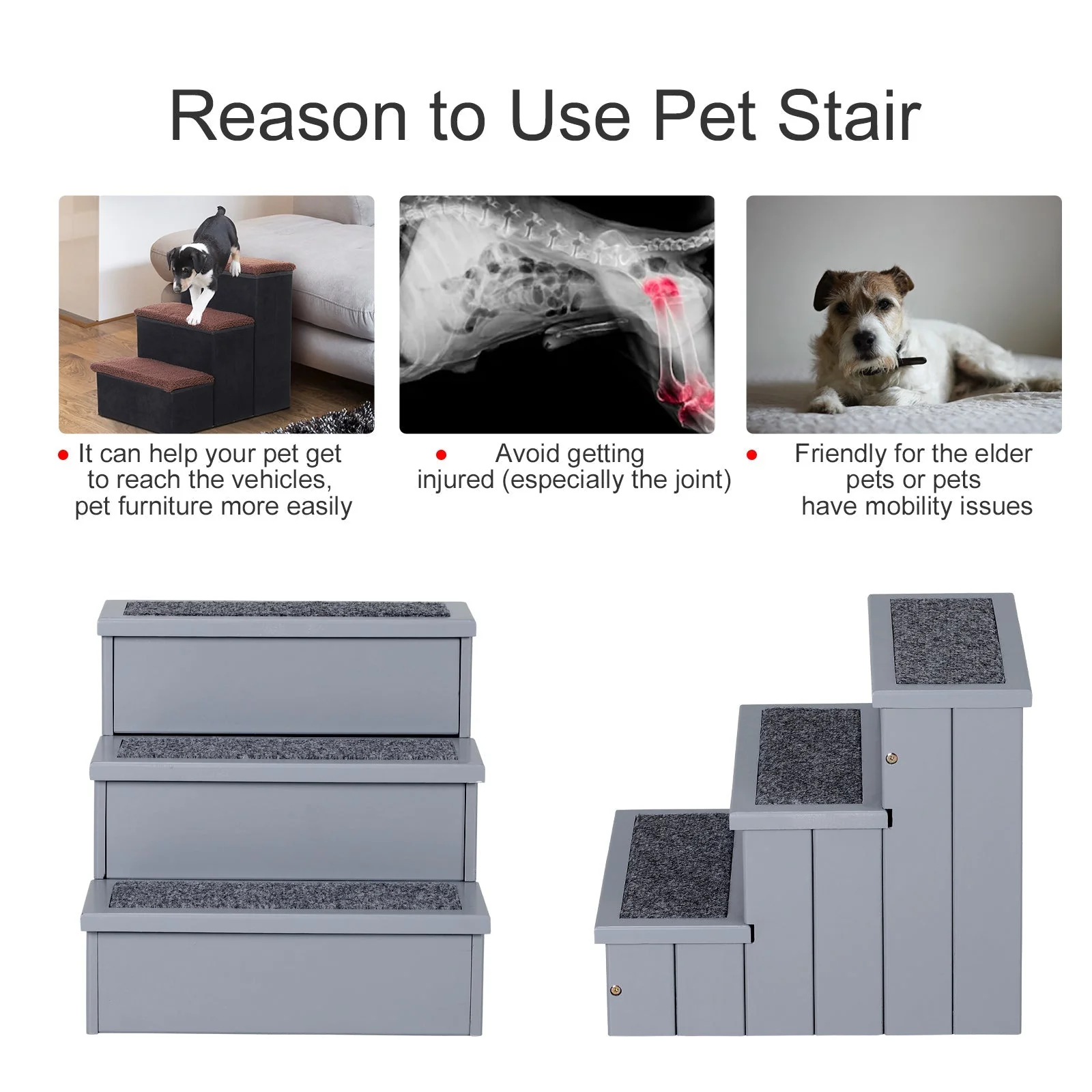 PawHut 3 Step Wooden Dog Steps Pet Stairs for Dogs - Image 6