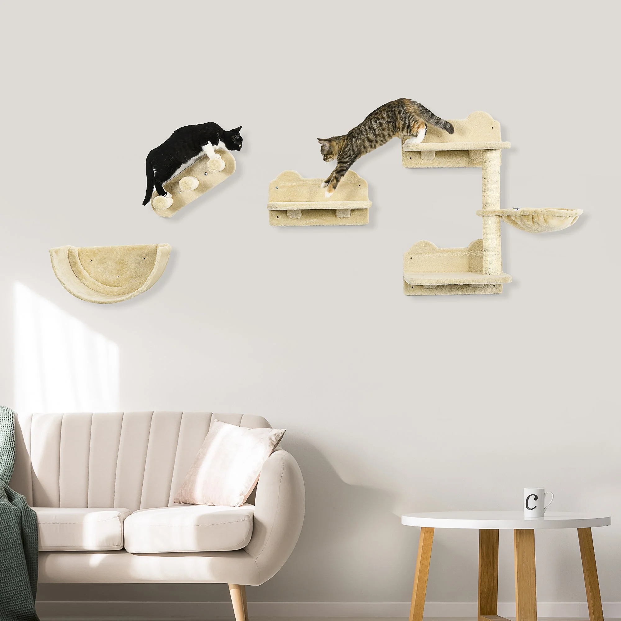 PawHut 4PCs Wall-Mounted Cat Shelves w/ Scratching Post - Image 2