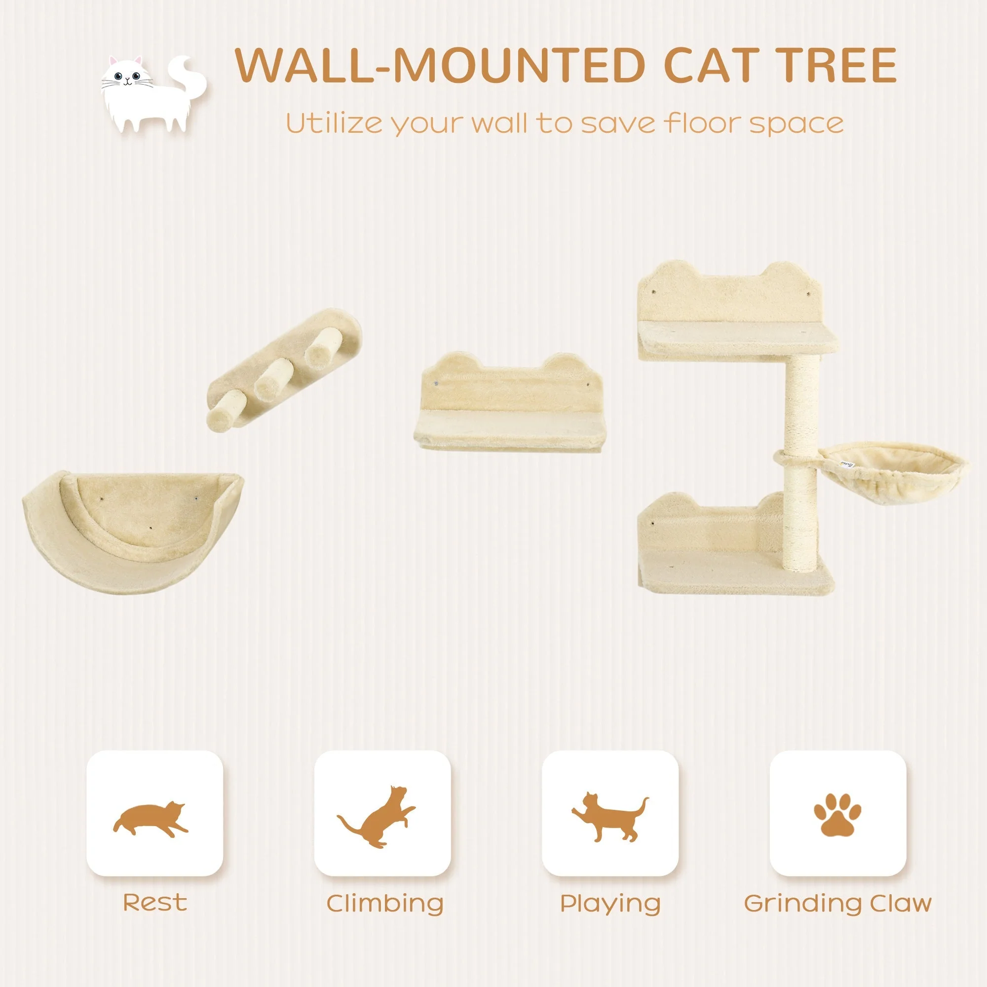 PawHut 4PCs Wall-Mounted Cat Shelves w/ Scratching Post - Image 6