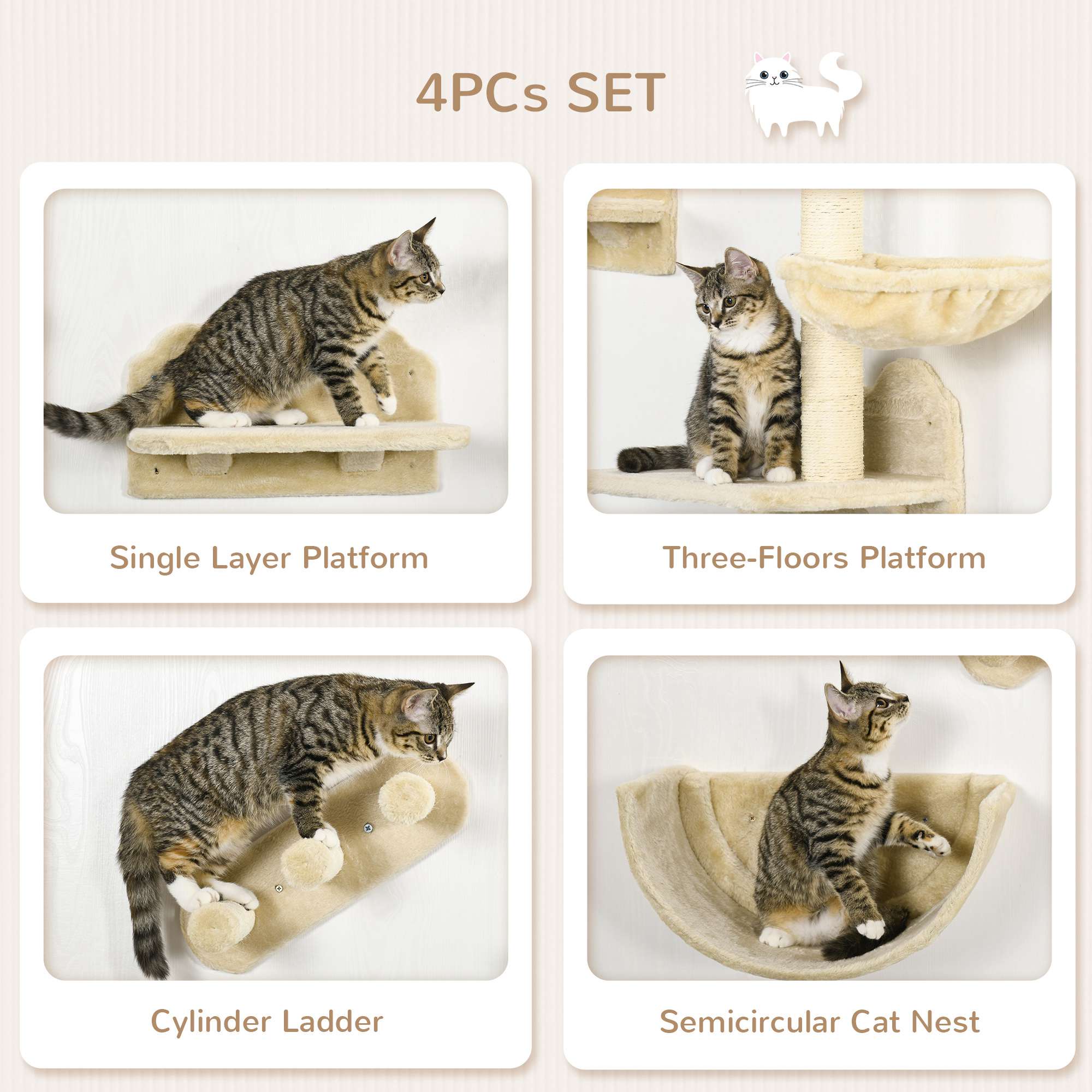 PawHut 4PCs Wall-Mounted Cat Shelves w/ Scratching Post - Image 7