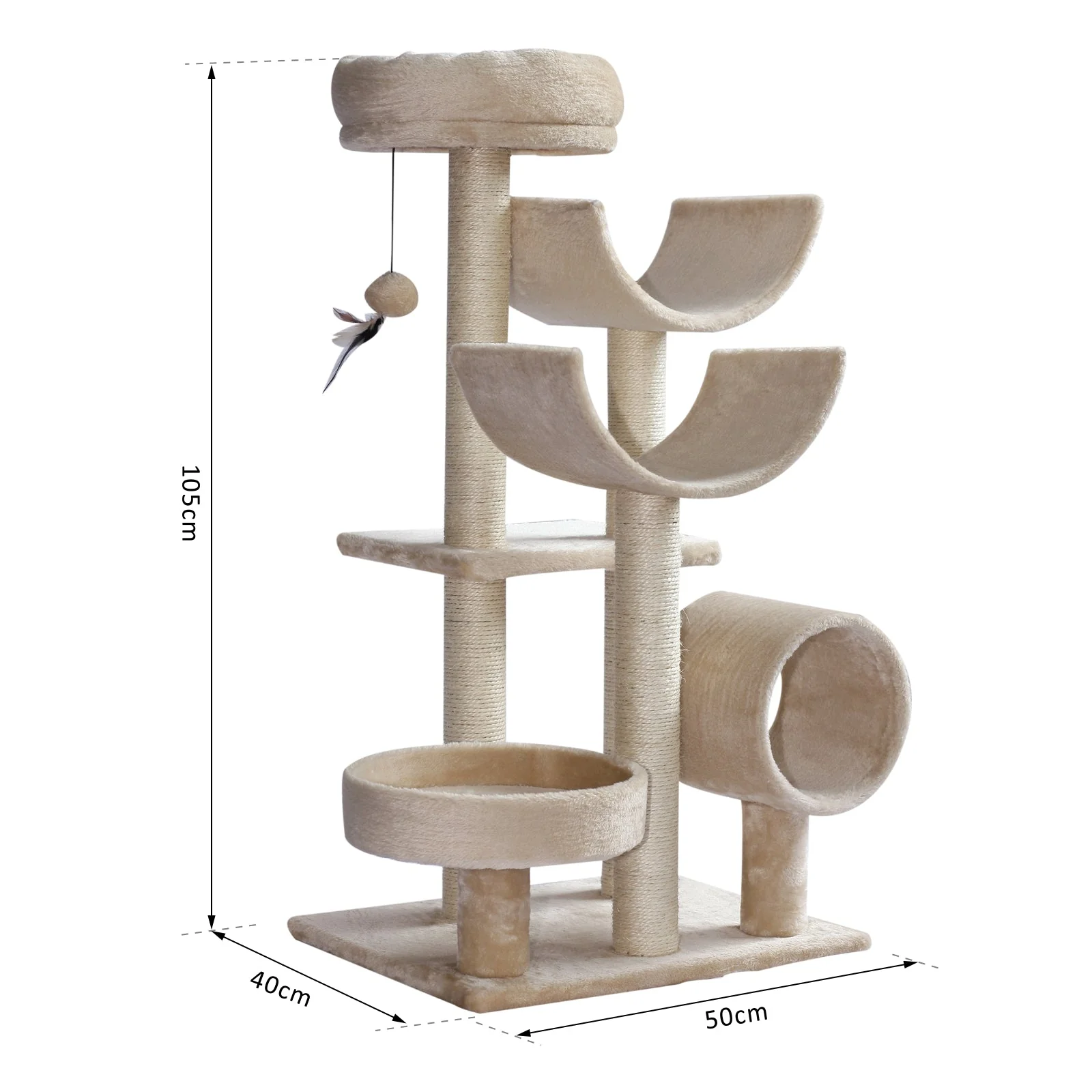 PawHut 50Lx40Wx105H cm Cats 6-Tier Scratch Tree w/ Dangle Toy Beige - Image 3