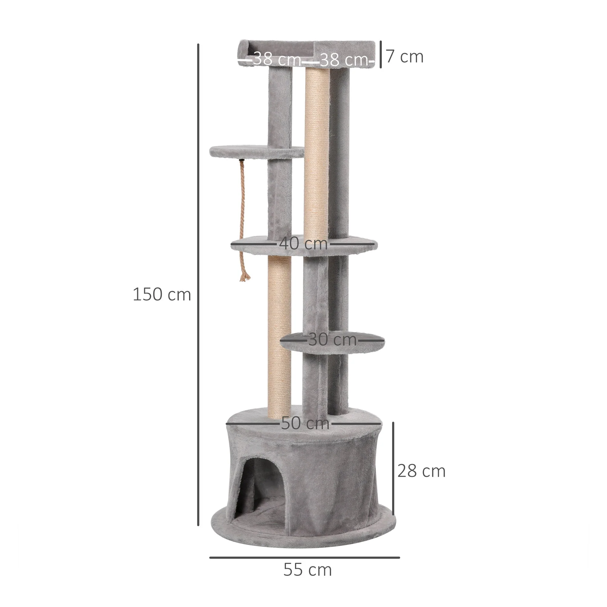PawHut ?55 x 150H cm Cat Tree Multi-level Kitten Tower w/ Scratching Post Condo Plush Perches Grey - Image 4