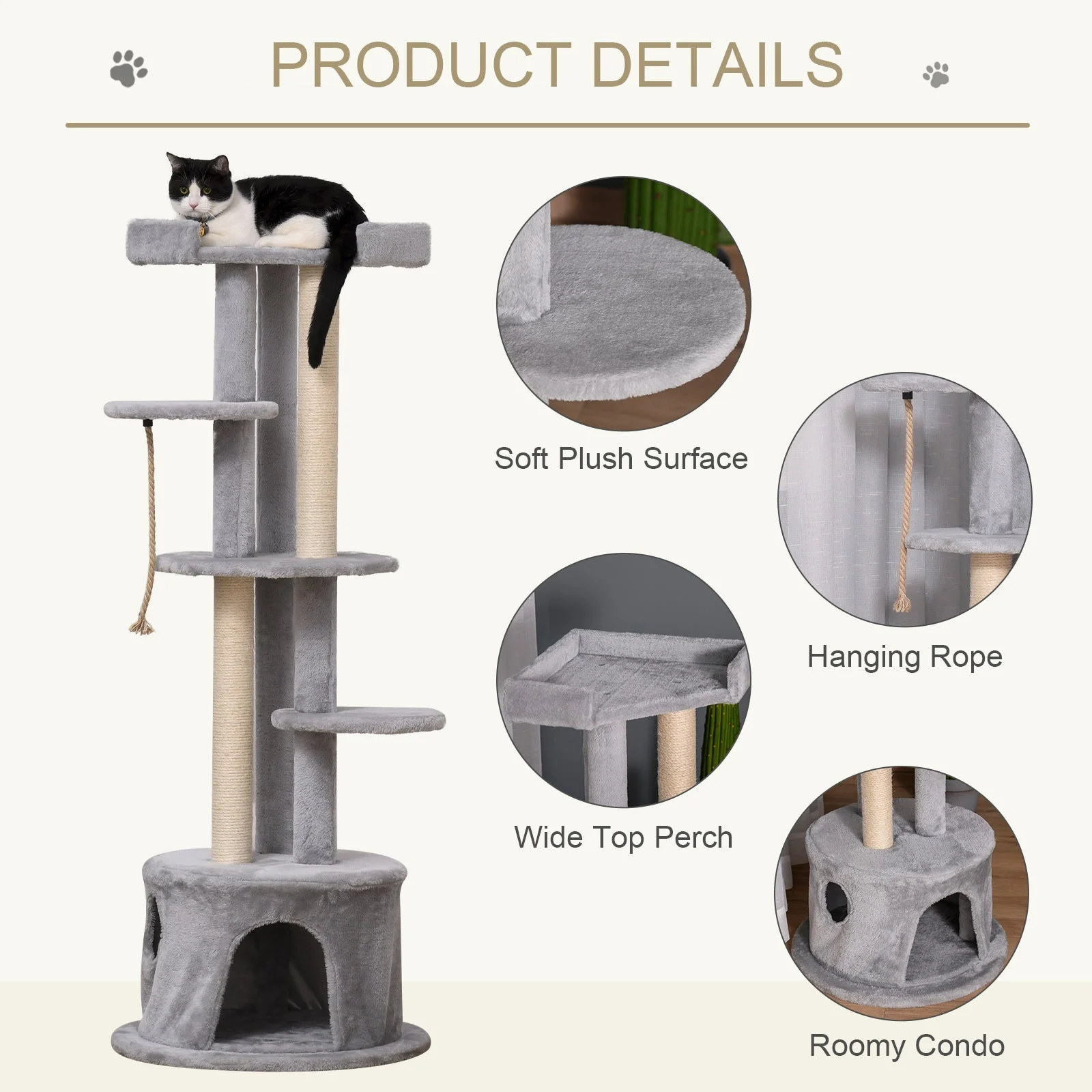 PawHut ?55 x 150H cm Cat Tree Multi-level Kitten Tower w/ Scratching Post Condo Plush Perches Grey - Image 5