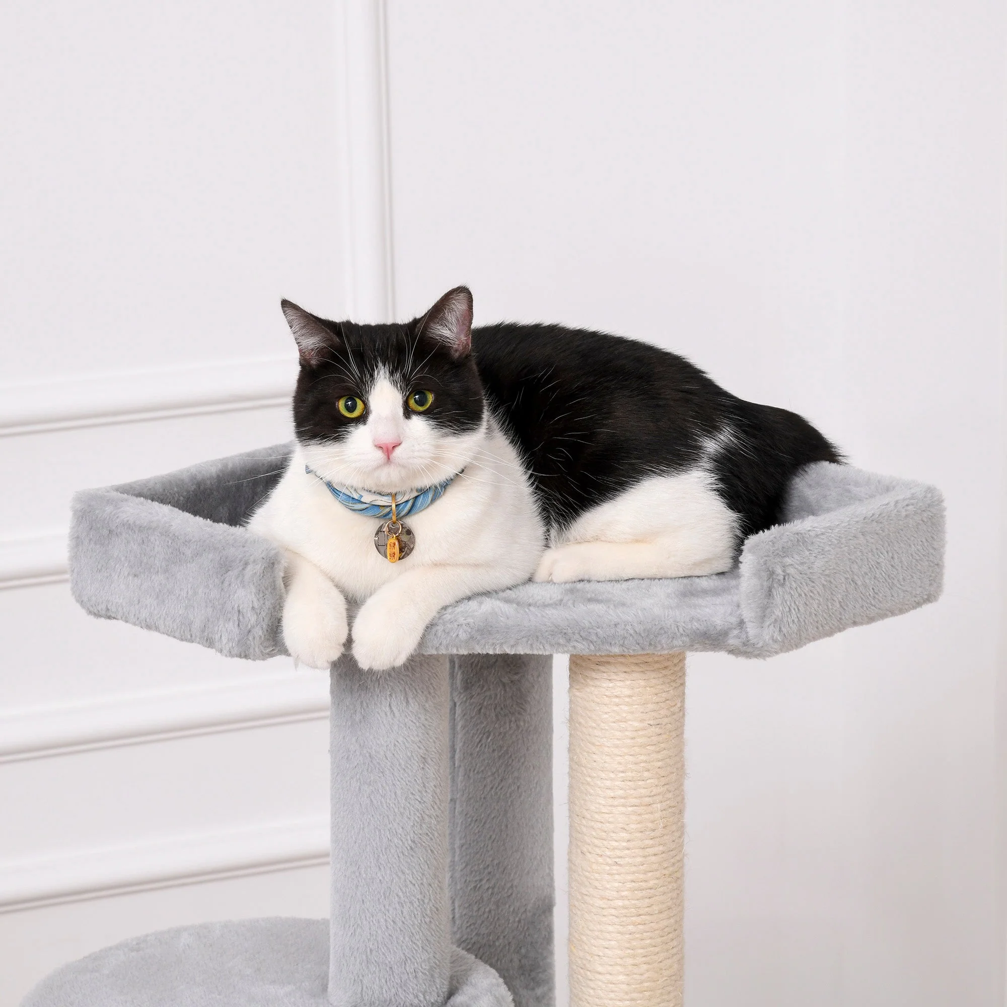 PawHut ?55 x 150H cm Cat Tree Multi-level Kitten Tower w/ Scratching Post Condo Plush Perches Grey - Image 7