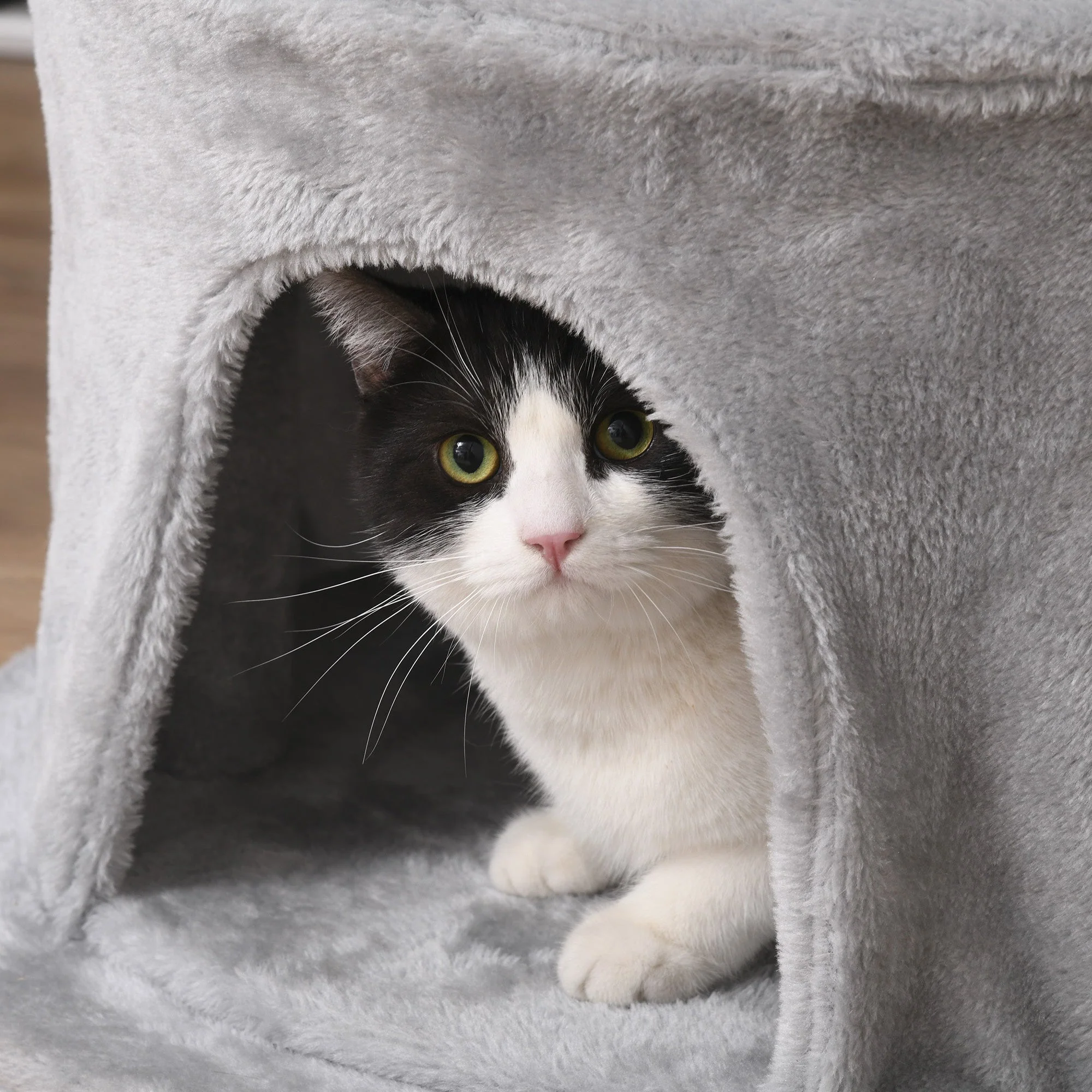 PawHut ?55 x 150H cm Cat Tree Multi-level Kitten Tower w/ Scratching Post Condo Plush Perches Grey - Image 8