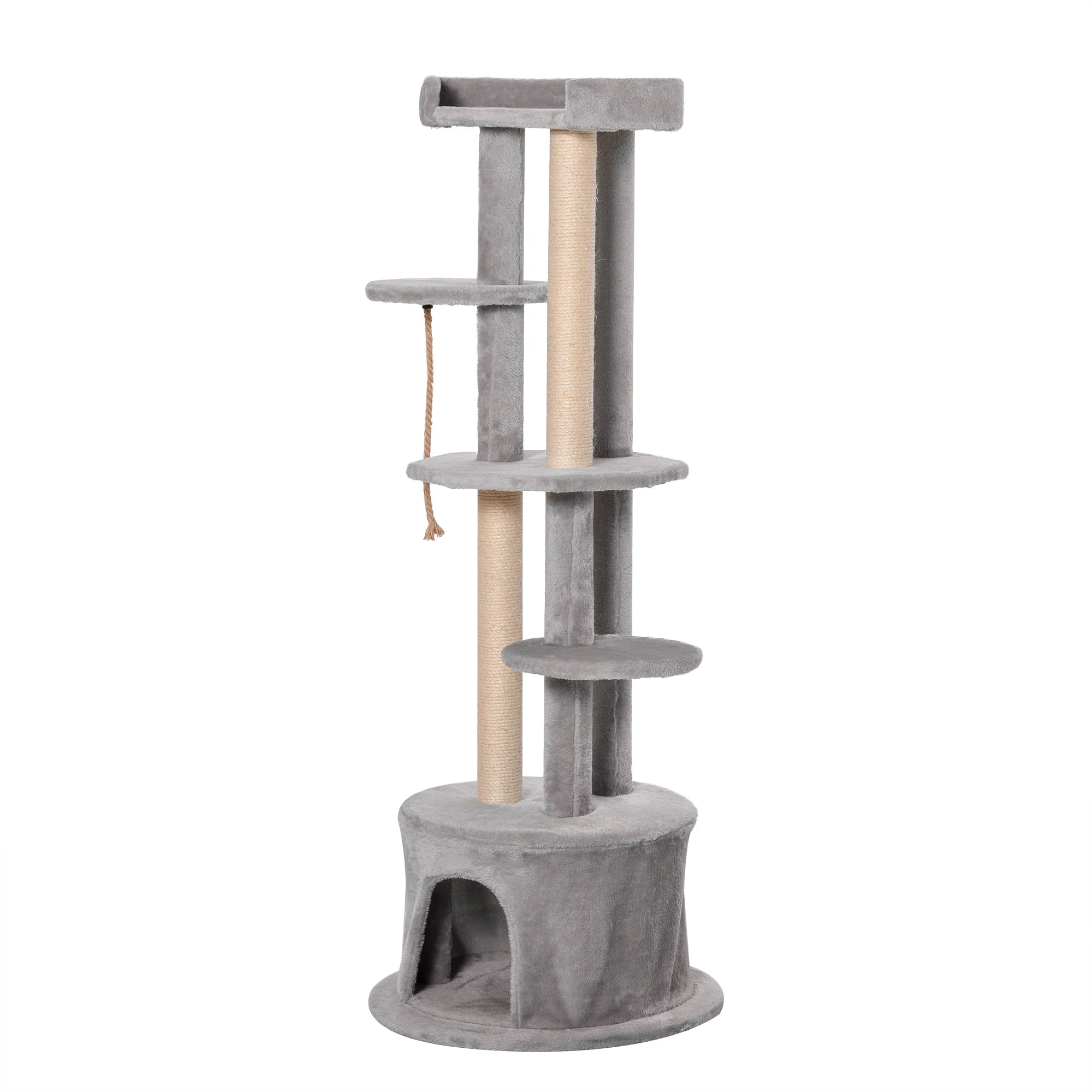 PawHut ?55 x 150H cm Cat Tree Multi-level Kitten Tower w/ Scratching Post Condo Plush Perches Grey - Image 9