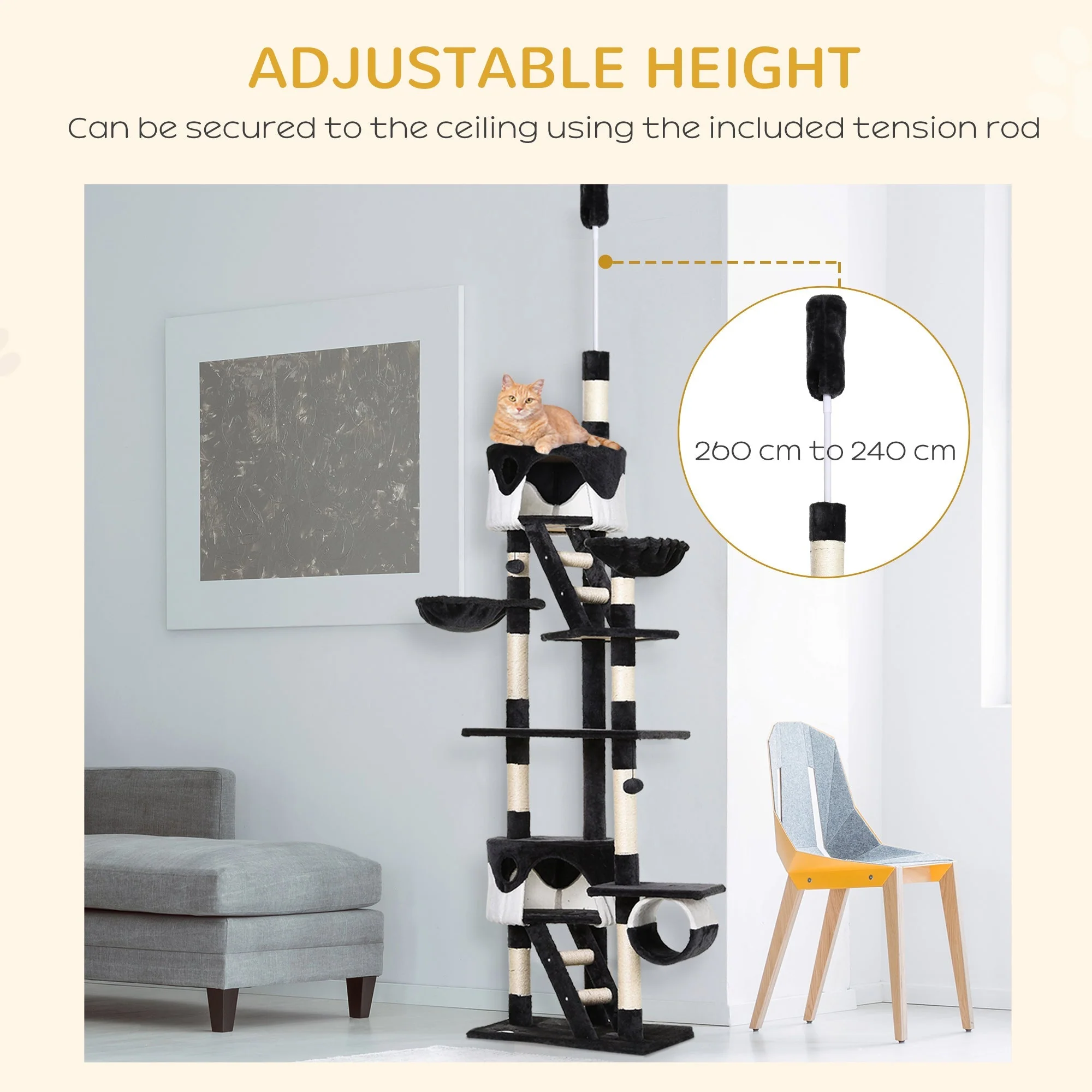 PawHut 60L x 45W x 240-260H cm Cat Tree Kitten Condo Fun House Adjustable Grey & White - Image 2