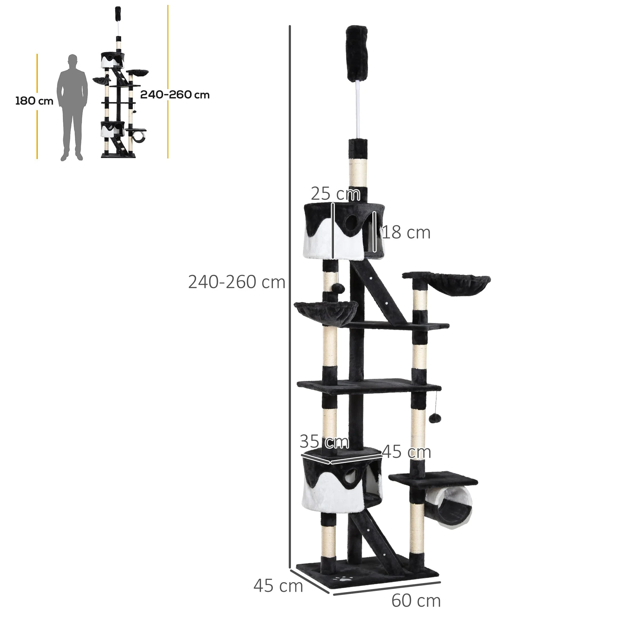 PawHut 60L x 45W x 240-260H cm Cat Tree Kitten Condo Fun House Adjustable Grey & White - Image 5