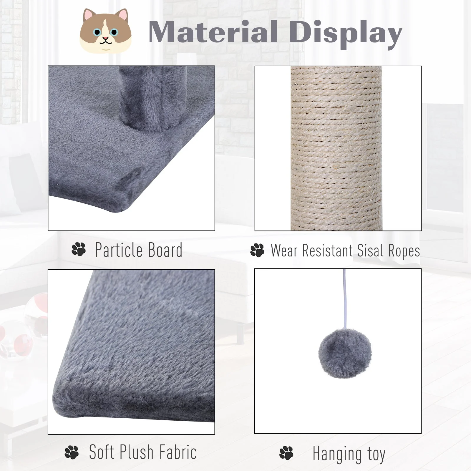 PawHut 70cm Cat Tree for Indoor Cats Durable Natural Sisal Scratching Posts Hammock Bed Kitty Activity Center Grey - Image 5