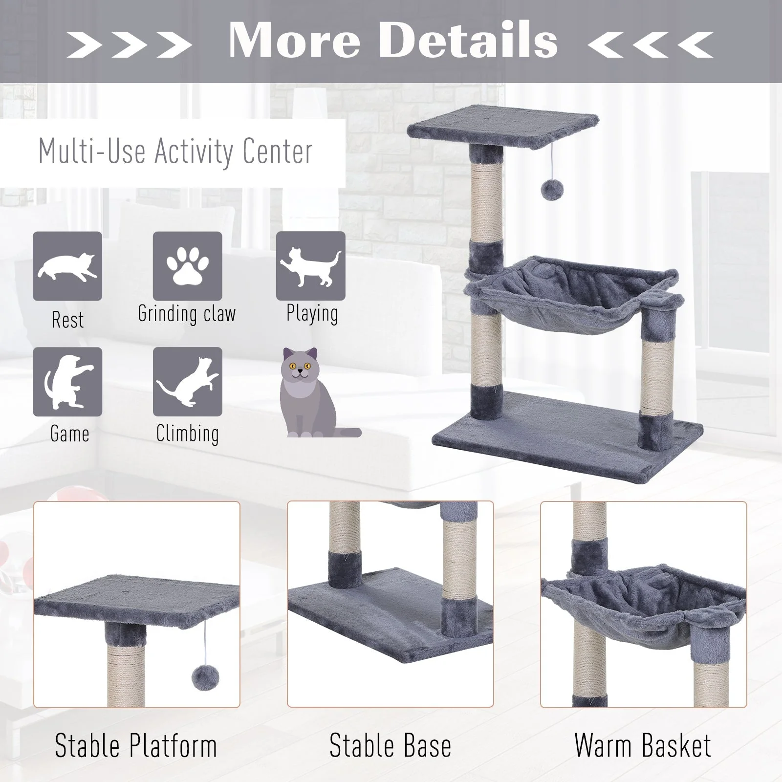 PawHut 70cm Cat Tree for Indoor Cats Durable Natural Sisal Scratching Posts Hammock Bed Kitty Activity Center Grey - Image 6