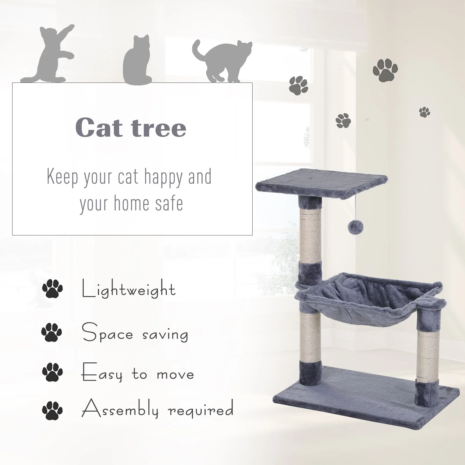 PawHut 70cm Cat Tree for Indoor Cats Durable Natural Sisal Scratching Posts Hammock Bed Kitty Activity Center Grey - Image 7