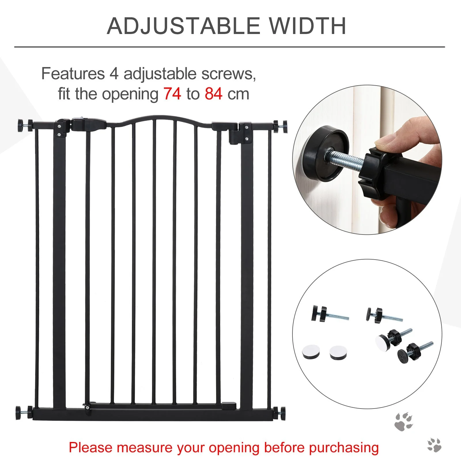 PawHut 74-84cm Adjustable Metal Pet Gate Safety Barrier w/ Auto-Close Door Black - Image 2