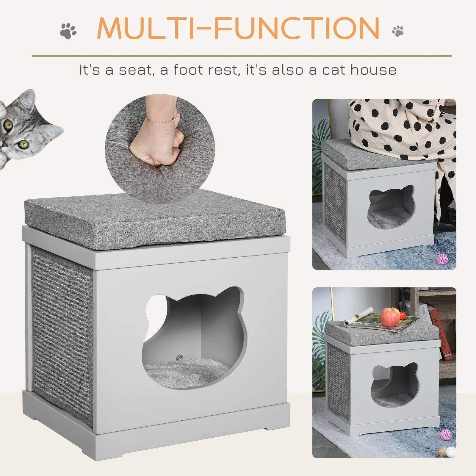 PawHut Cat House Bed Kitten Cave Cube Indoor w/ Soft Cushion Sisal Scratching Pad - Image 5