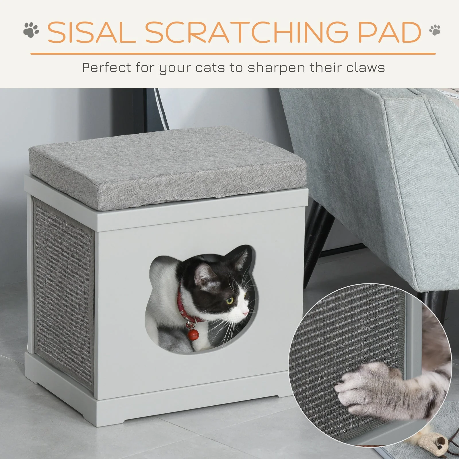 PawHut Cat House Bed Kitten Cave Cube Indoor w/ Soft Cushion Sisal Scratching Pad - Image 7