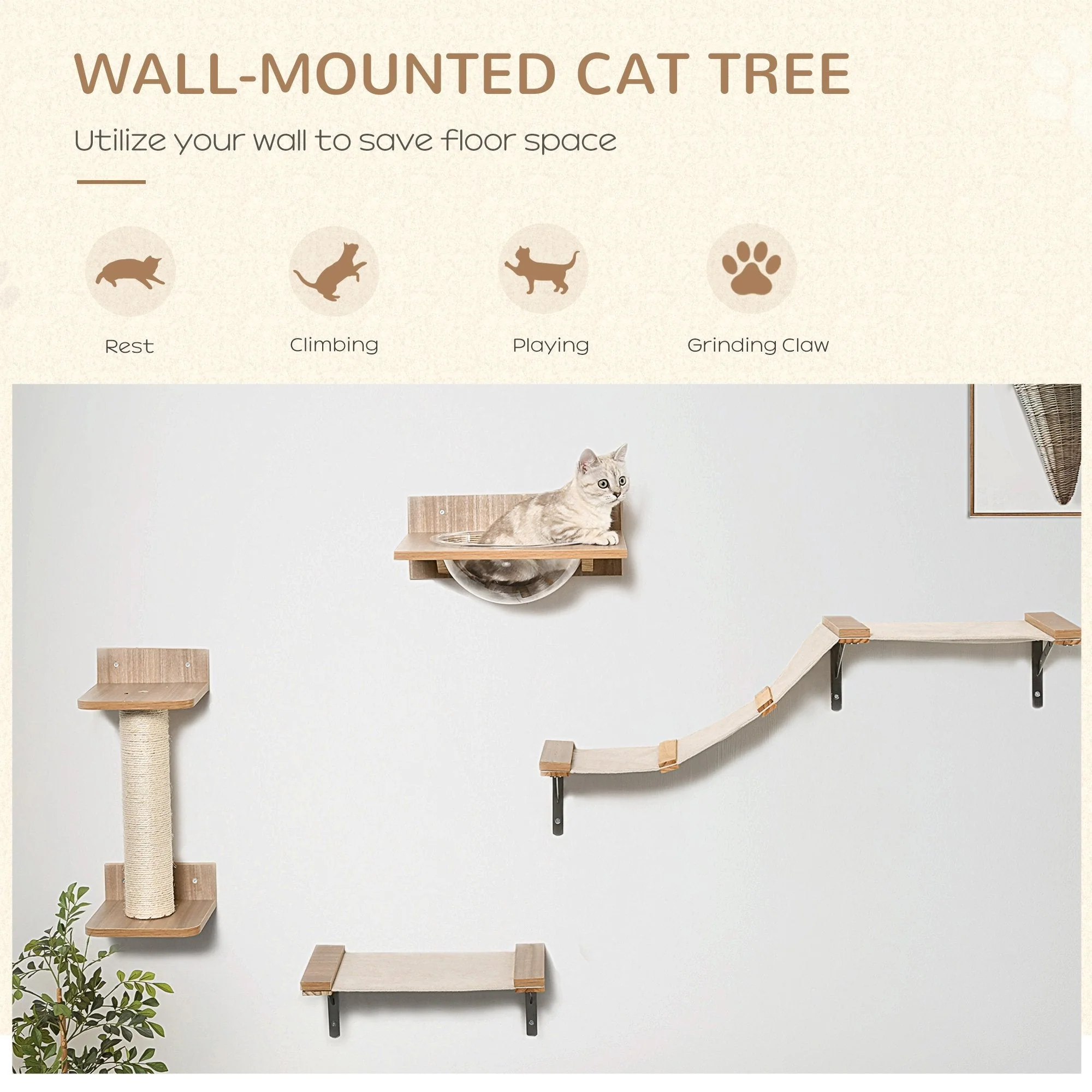 PawHut Cat Tree 4-Piece Wall-mounted Shelf Set Climbing Frame Activity Center - Image 2