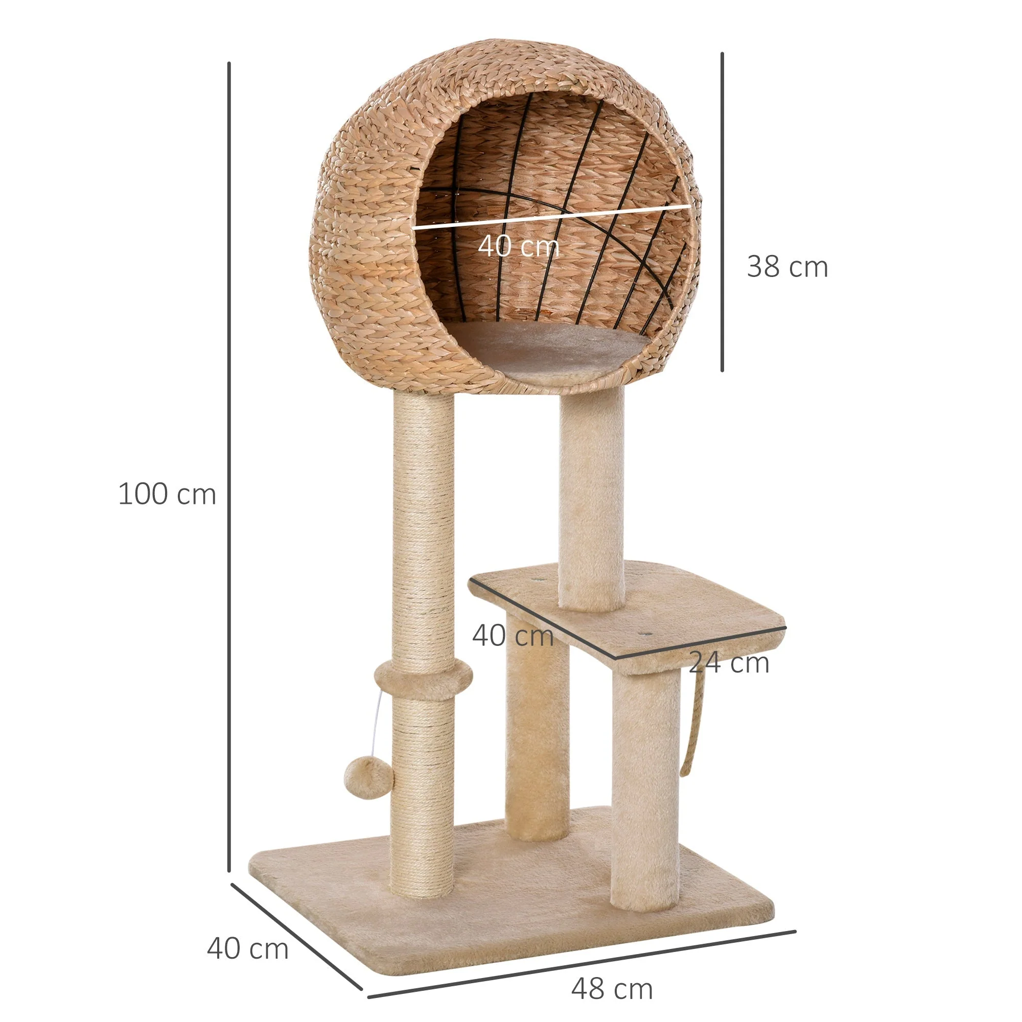 PawHut Cat Tree for Indoor Cats 100cm Kitten Climbing Tower Activity Center with Sisal Scratching Post Condo Perch Hanging Balls Teasing Rope Toy Cushion - Image 7