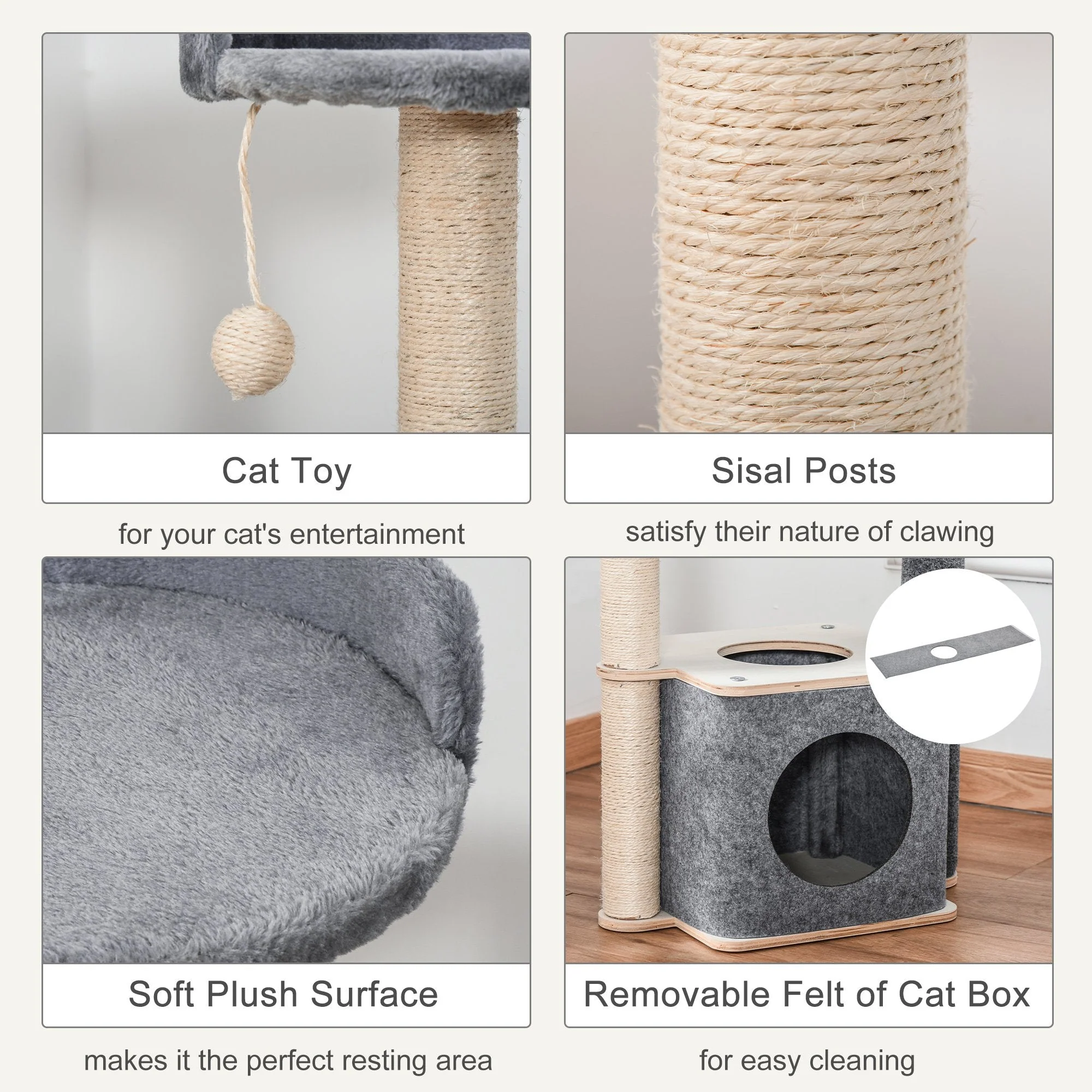 PawHut Cat Tree for Indoor Cats 95cm Climbing Tower Kitten Activity Center with Sisal Scratching Post Perch Roomy Condo Hammock Removable Felt Hanging Toy - Image 4