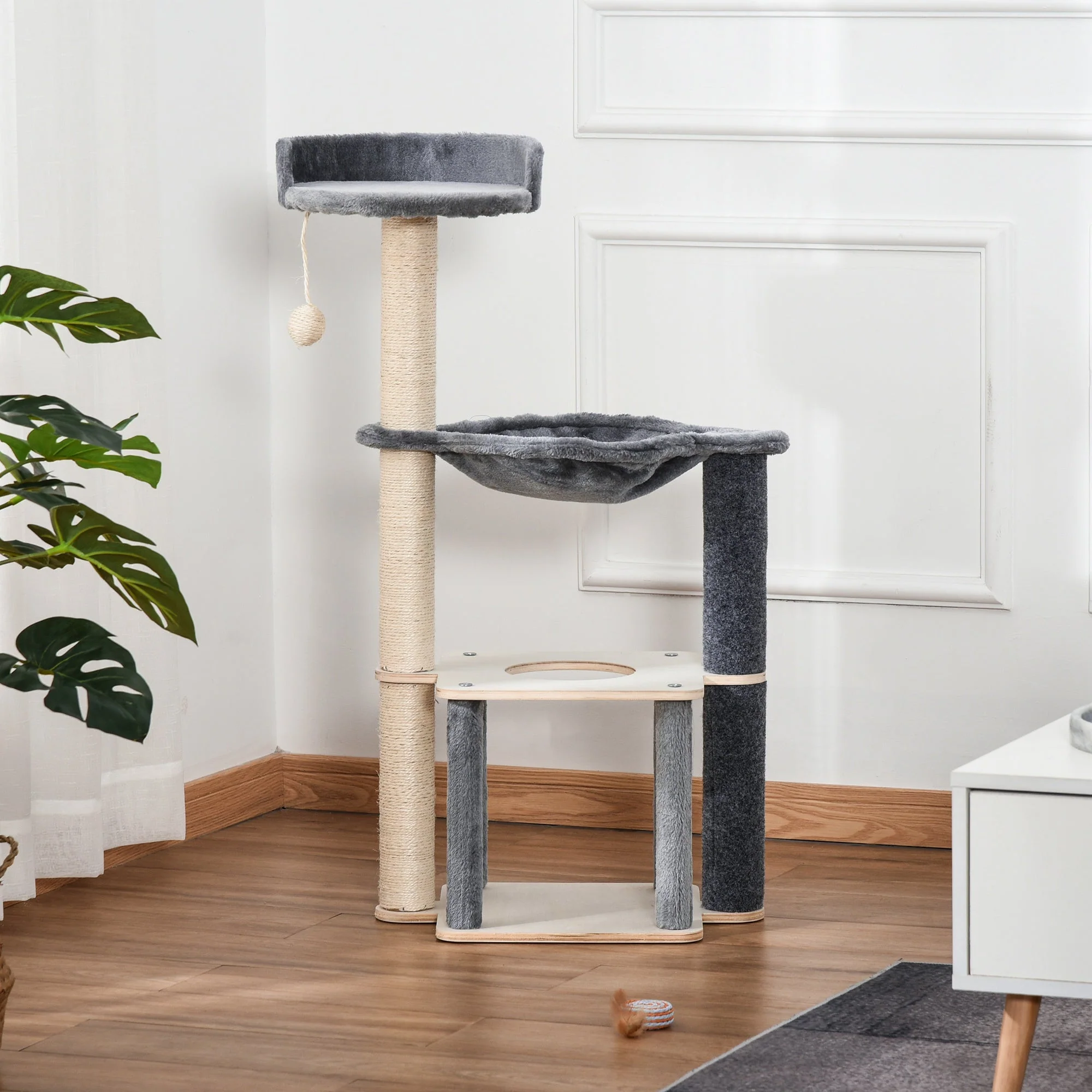 PawHut Cat Tree for Indoor Cats 95cm Climbing Tower Kitten Activity Center with Sisal Scratching Post Perch Roomy Condo Hammock Removable Felt Hanging Toy - Image 8