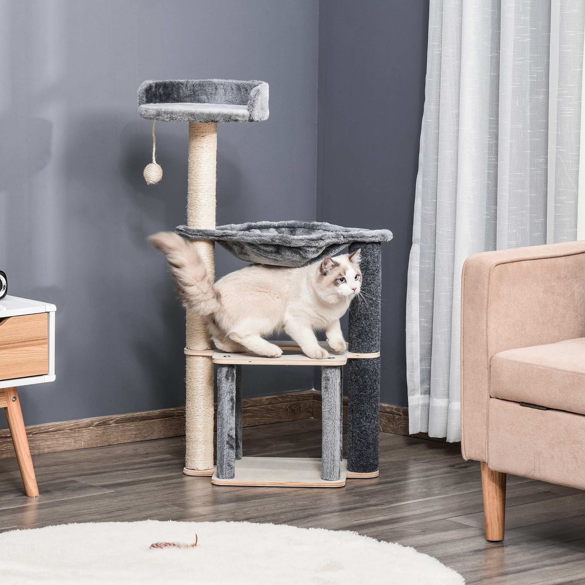 PawHut Cat Tree for Indoor Cats 95cm Climbing Tower Kitten Activity Center with Sisal Scratching Post Perch Roomy Condo Hammock Removable Felt Hanging Toy - Image 9