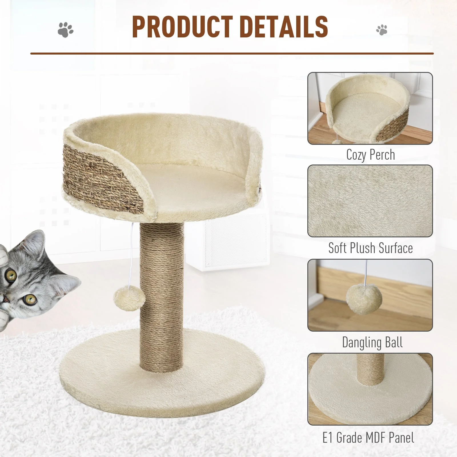 PawHut Cat Tree for Indoor Cats Kitten Tower Activity Center Climbing Stand Furniture with Scratching Posts Dangling Ball Perch Beige - Image 2