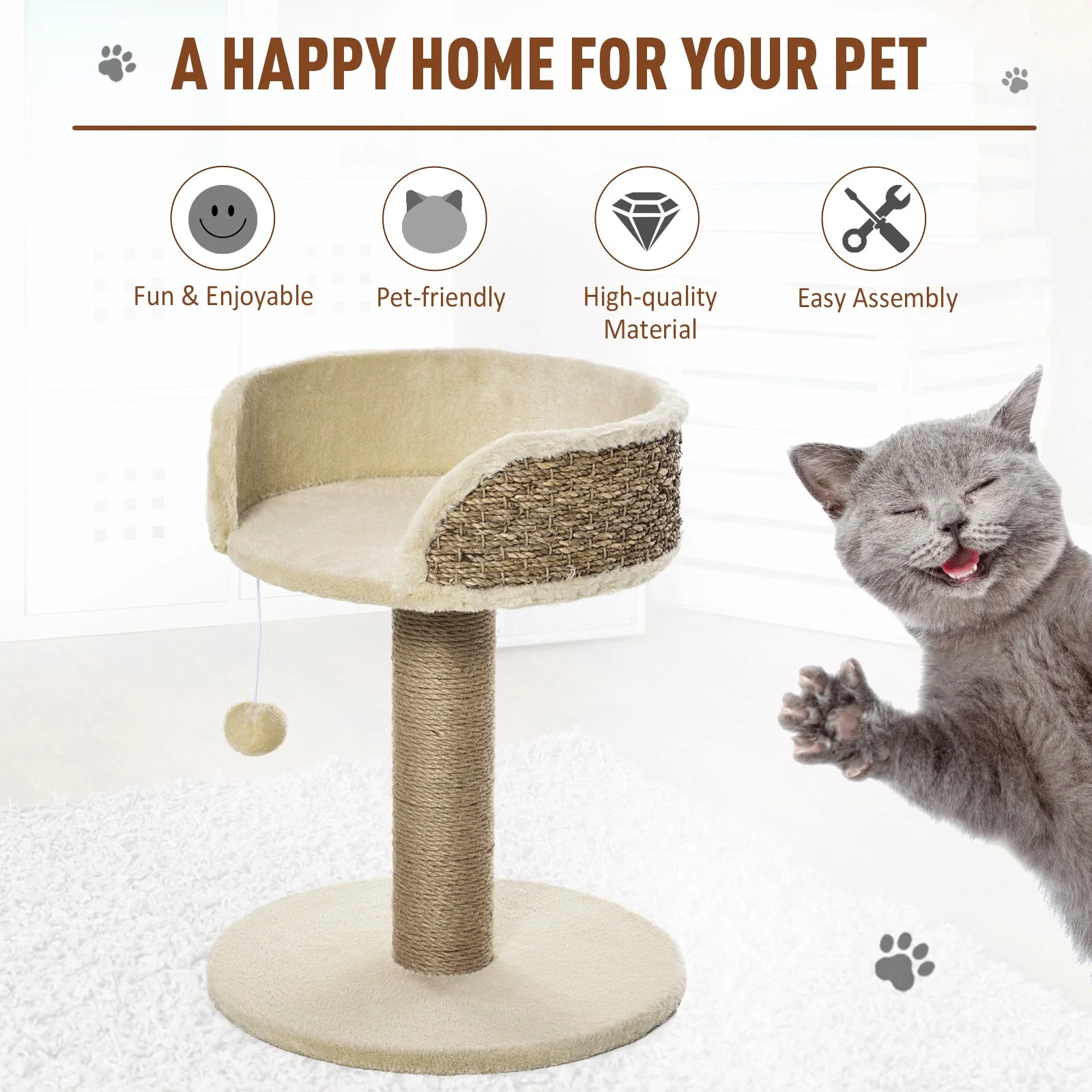 PawHut Cat Tree for Indoor Cats Kitten Tower Activity Center Climbing Stand Furniture with Scratching Posts Dangling Ball Perch Beige - Image 7