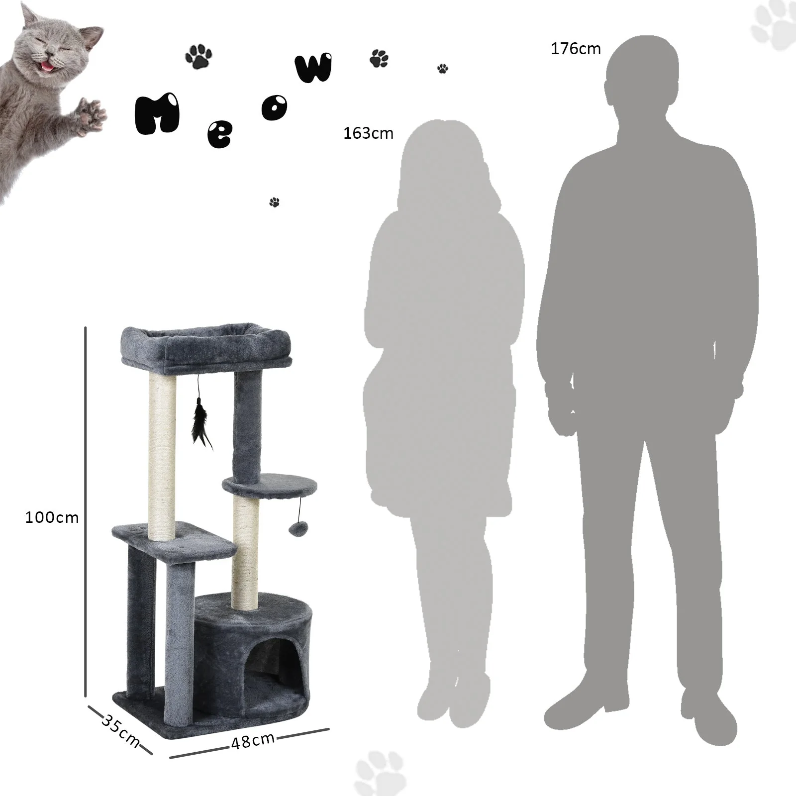 PawHut Cat Tree for Indoor Cats Kitten Tower w/ Perch House Scratching Post Platform Play Ball Plush Covering Play Rest Relax Grey White - Image 3