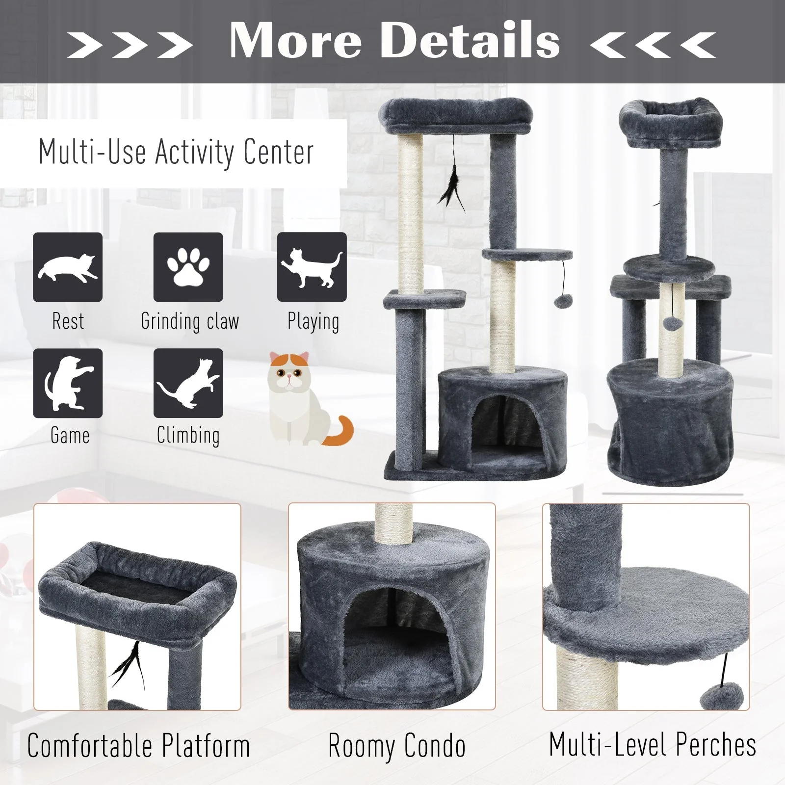 PawHut Cat Tree for Indoor Cats Kitten Tower w/ Perch House Scratching Post Platform Play Ball Plush Covering Play Rest Relax Grey White - Image 6