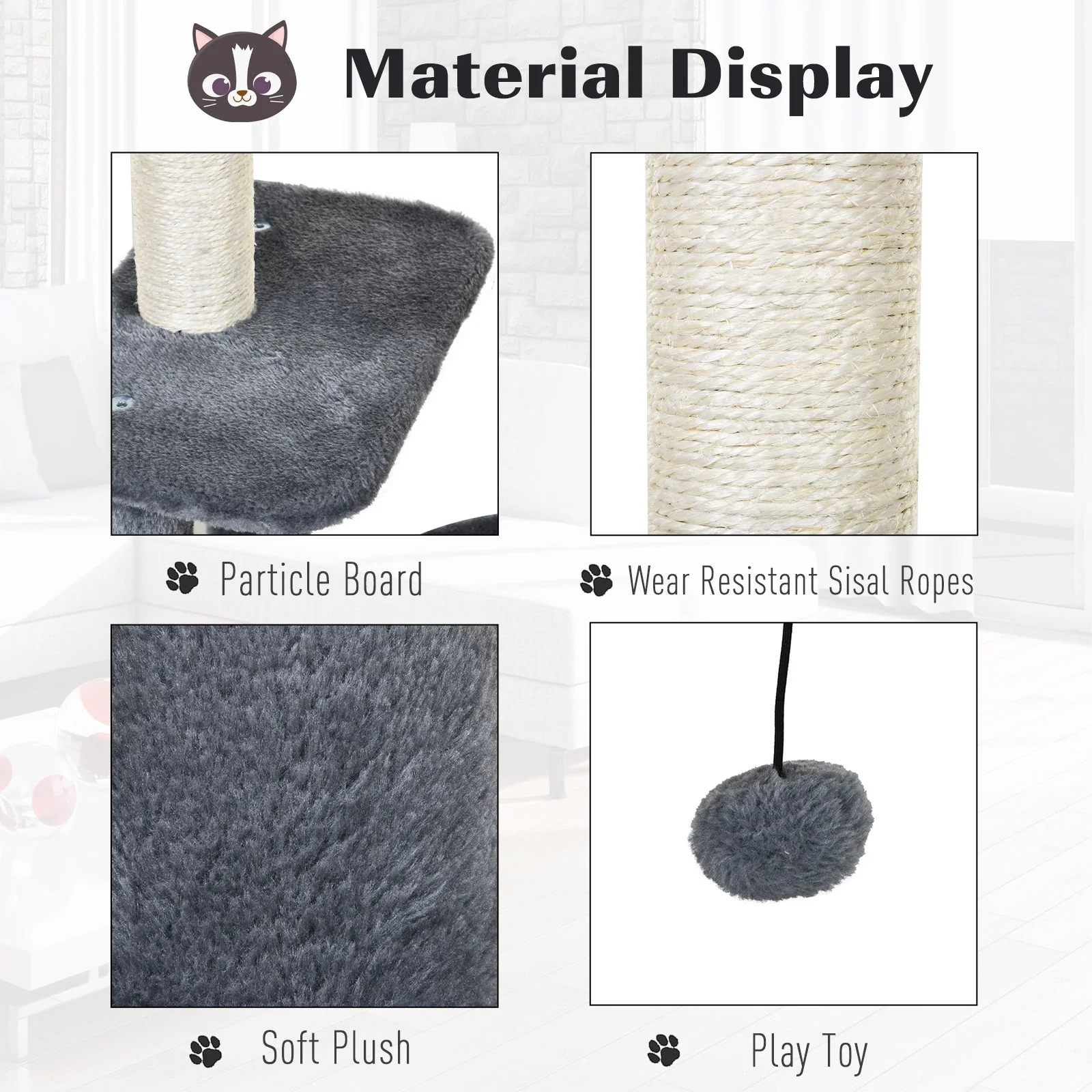 PawHut Cat Tree for Indoor Cats Kitten Tower w/ Perch House Scratching Post Platform Play Ball Plush Covering Play Rest Relax Grey White - Image 7