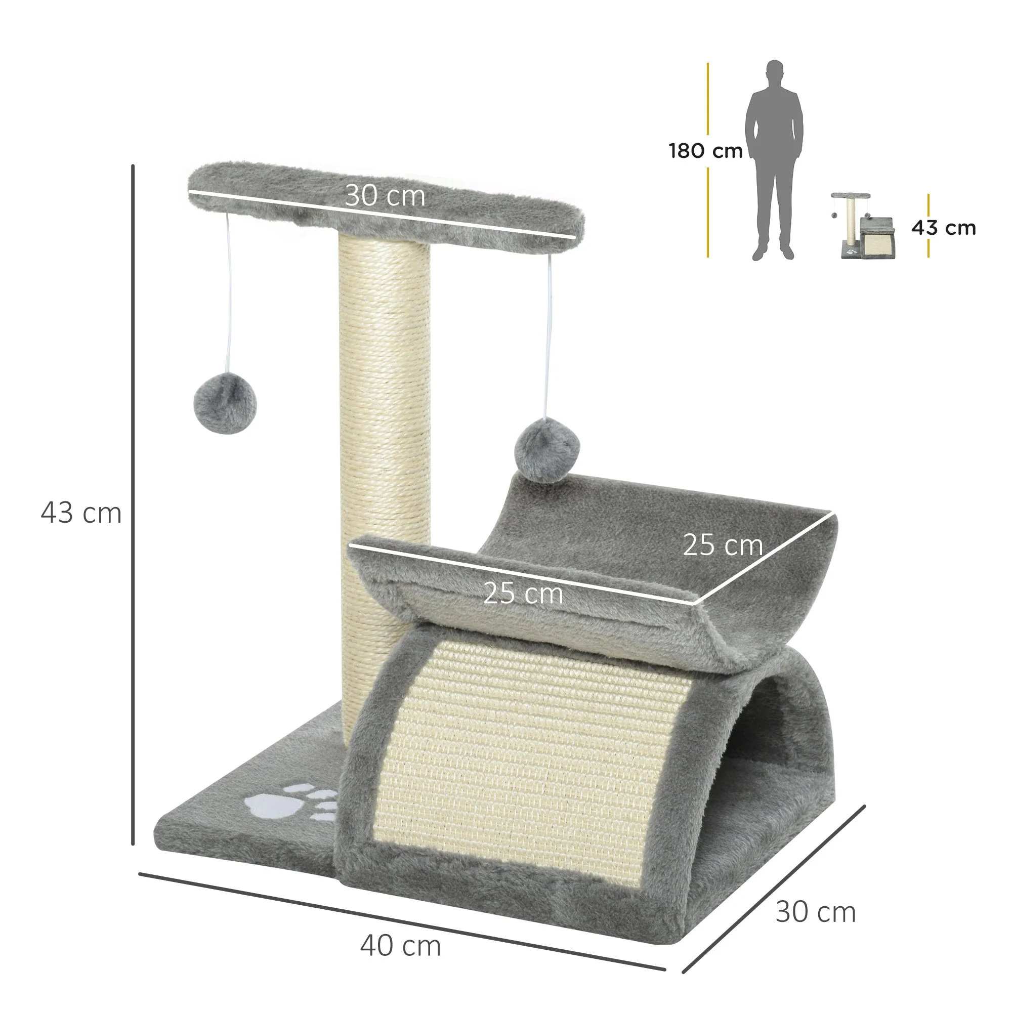 PawHut Cat Tree for Indoor Cats Scratching Post Kitten Scratcher Kitty Activity Play Center Sisal Rotatable Top Bar Tunnel Dangling Ball Light Grey - Image 4